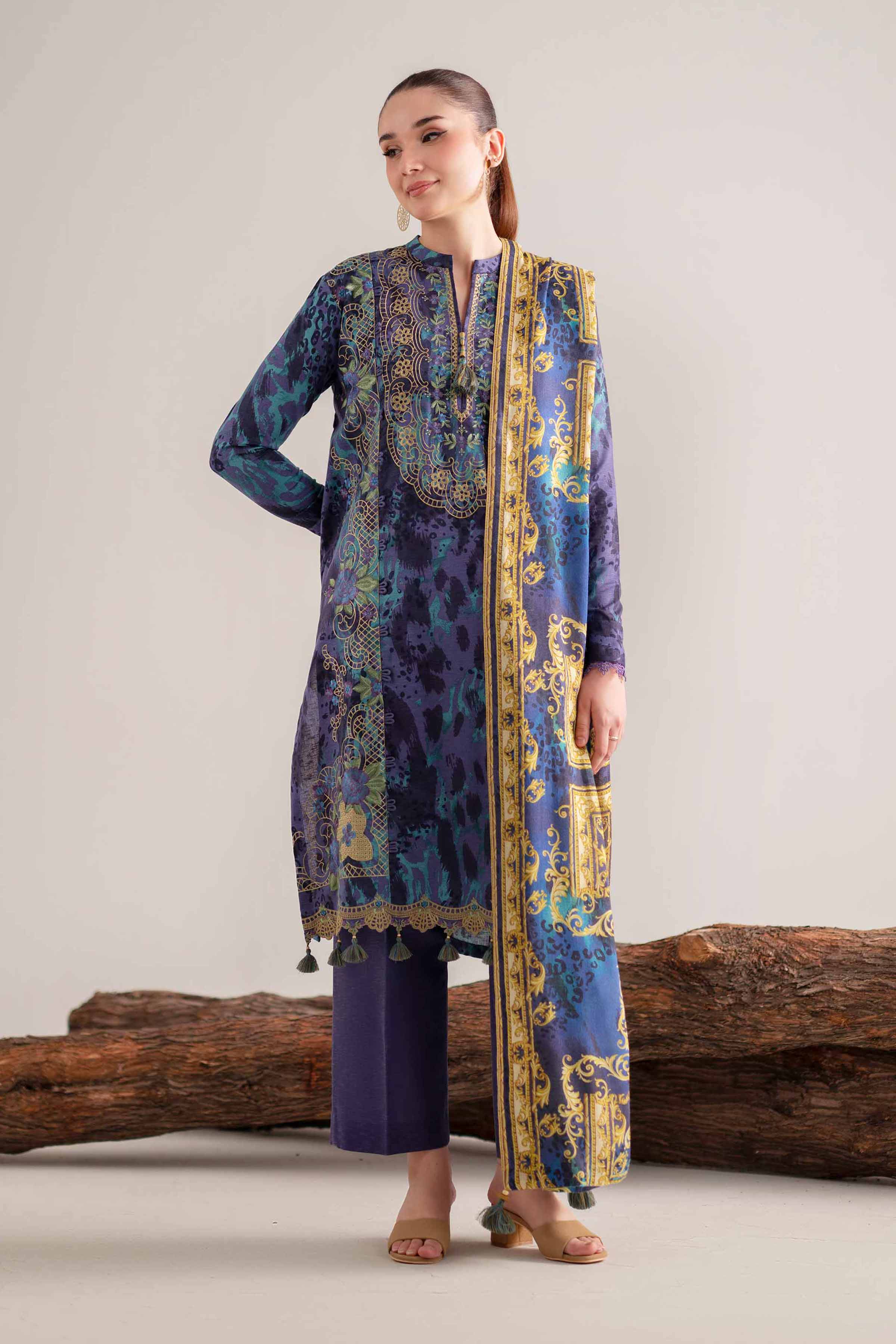 3 Piece - Digital Printed Embroidered Suit - 42502991 Unstitched Blue Karandi 3PC Embroidered