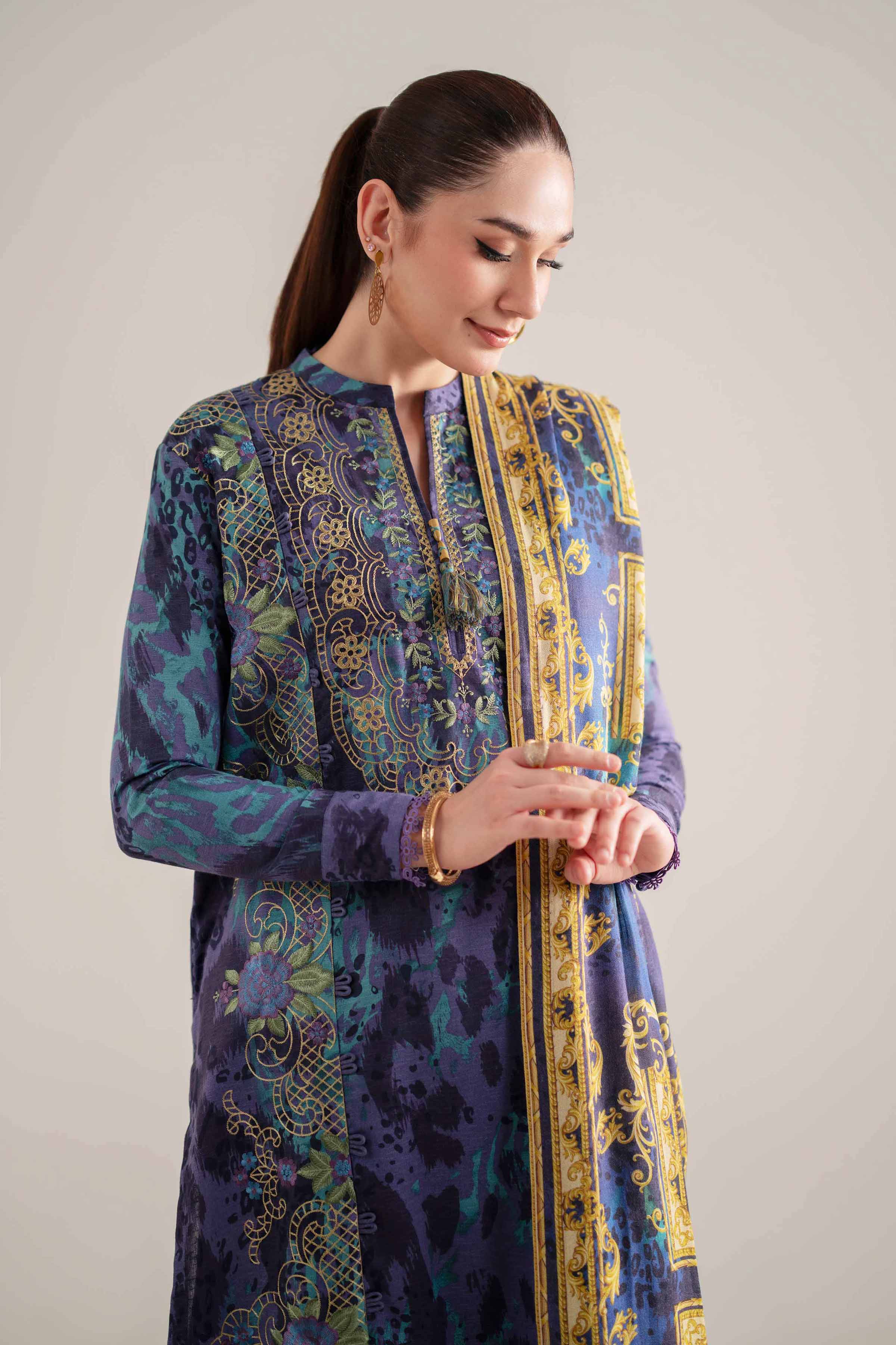 3 Piece - Digital Printed Embroidered Suit - 42502991 Unstitched Blue Karandi 3PC Embroidered