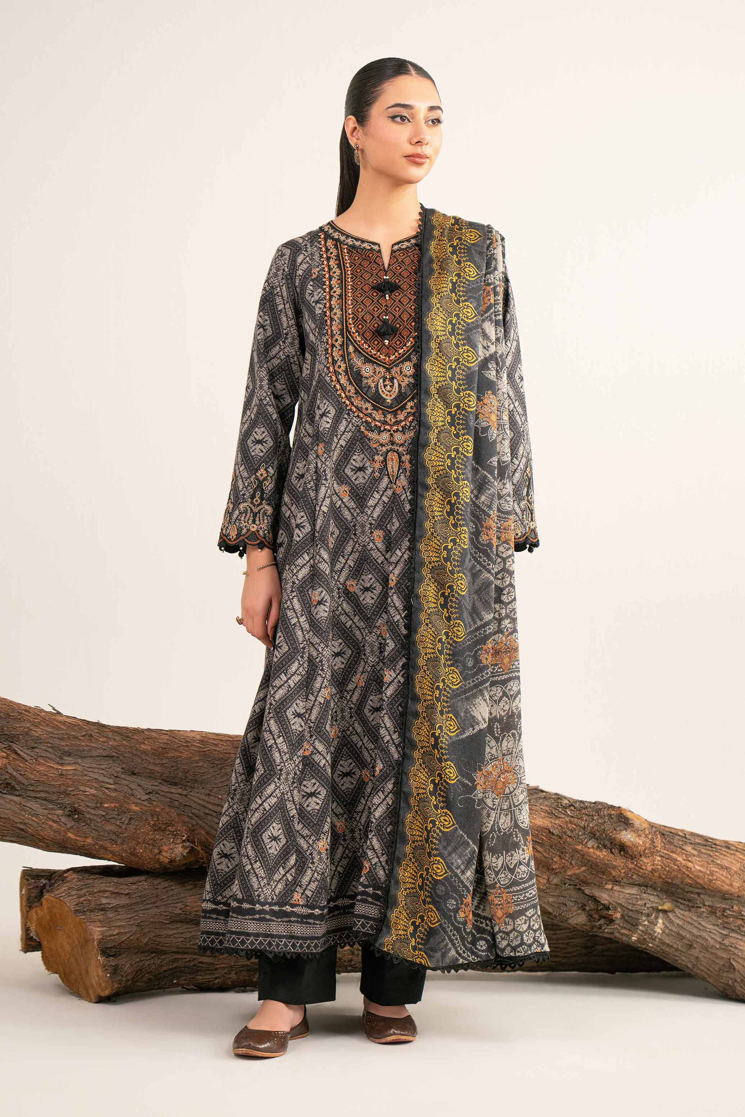 3 Piece - Digital Printed Embroidered Suit - 42502992 Unstitched Black Karandi 3PC Embroidered