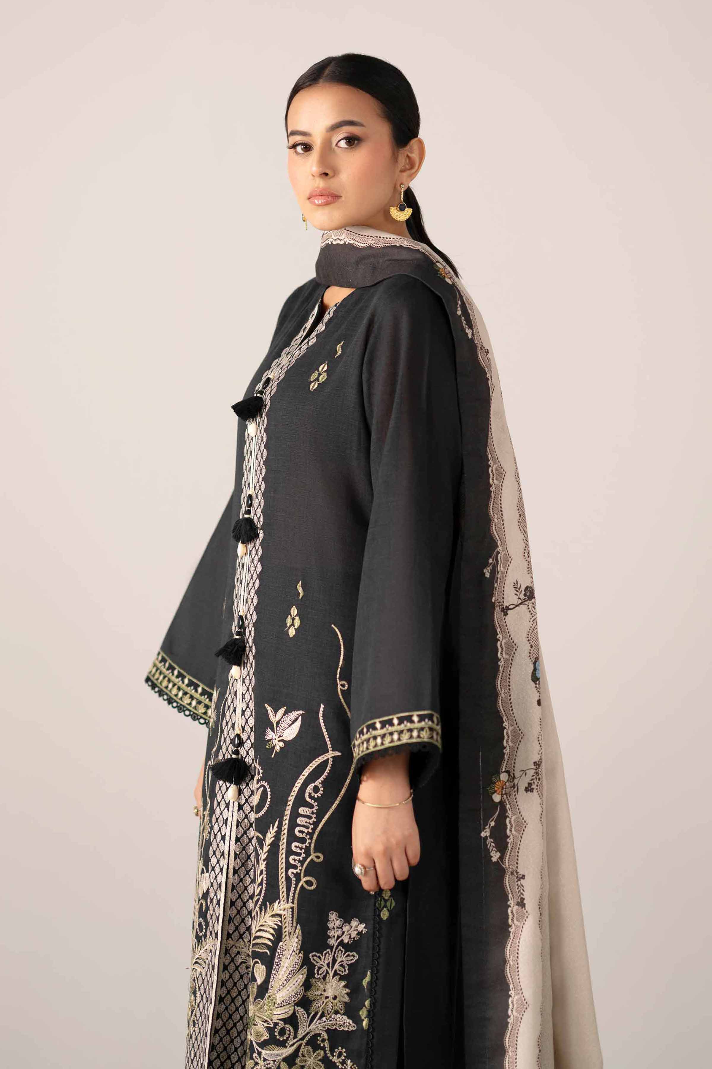 3 Piece - Printed Embroidered Suit - 42503517 Unstitched Black Khaddar 3PC Embroidered