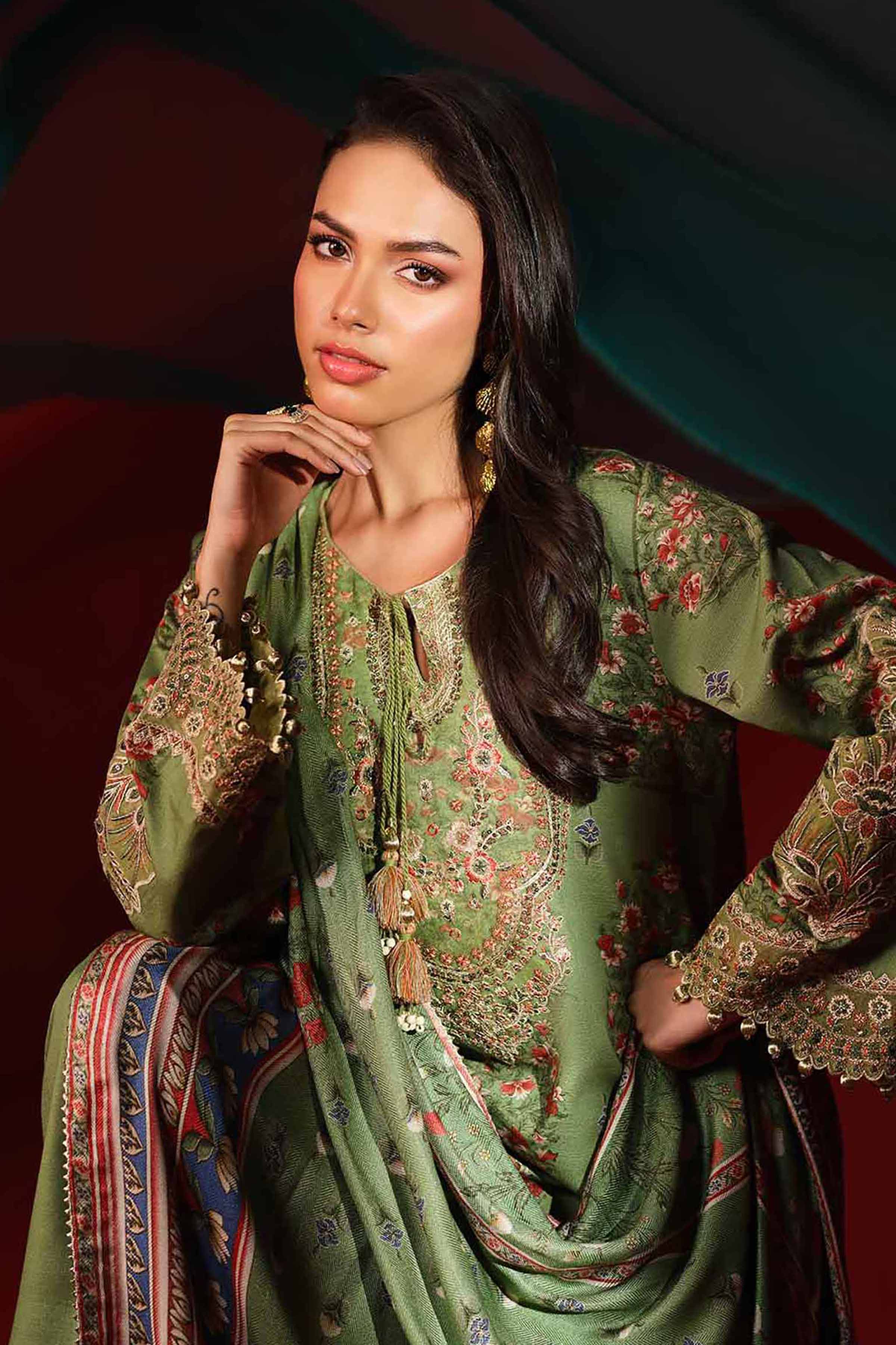 3 Piece - Printed Embroidered Suit - 42503536 Unstitched Green Khaddar 3PC Embroidered