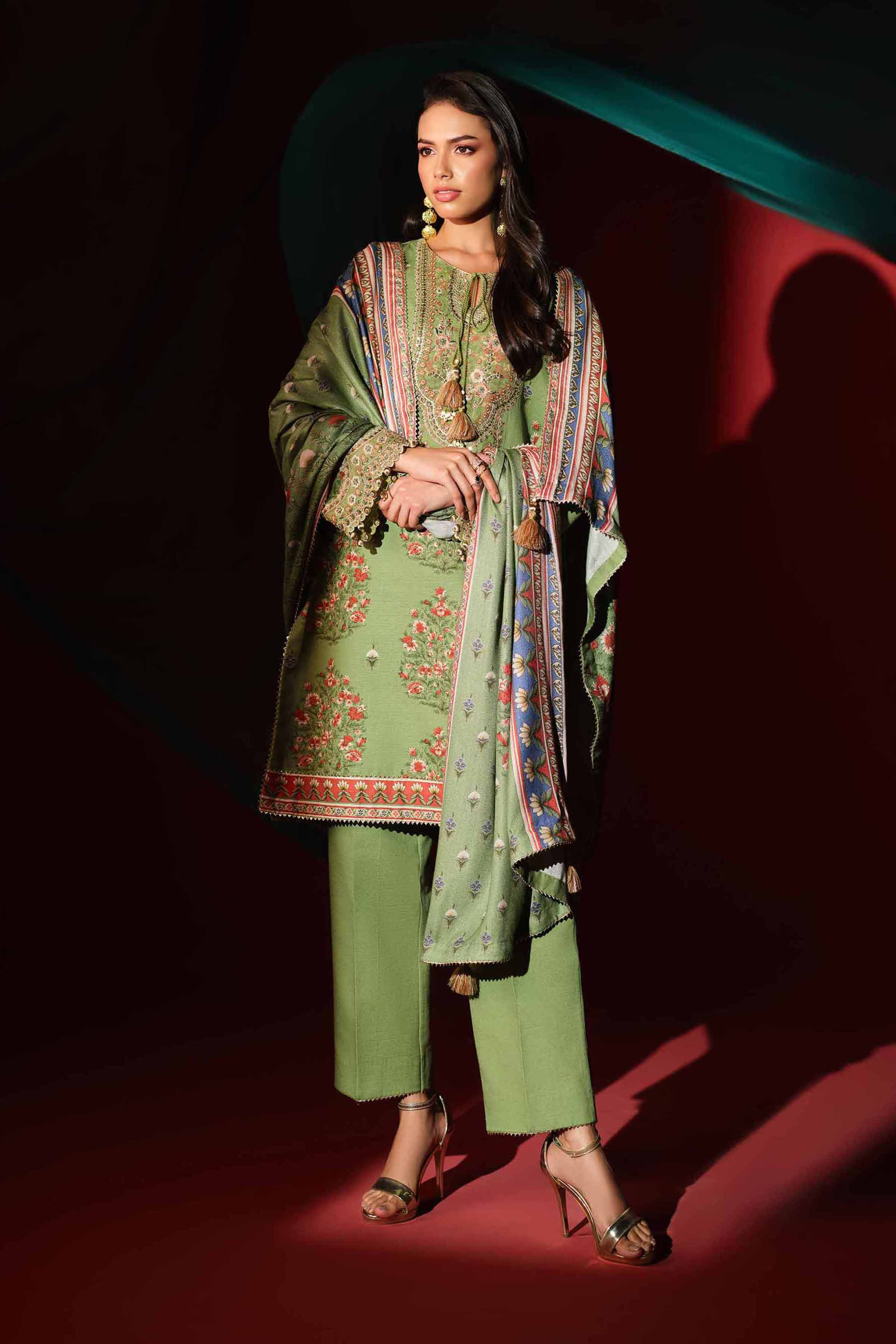 3 Piece - Printed Embroidered Suit - 42503536 Unstitched Green Khaddar 3PC Embroidered