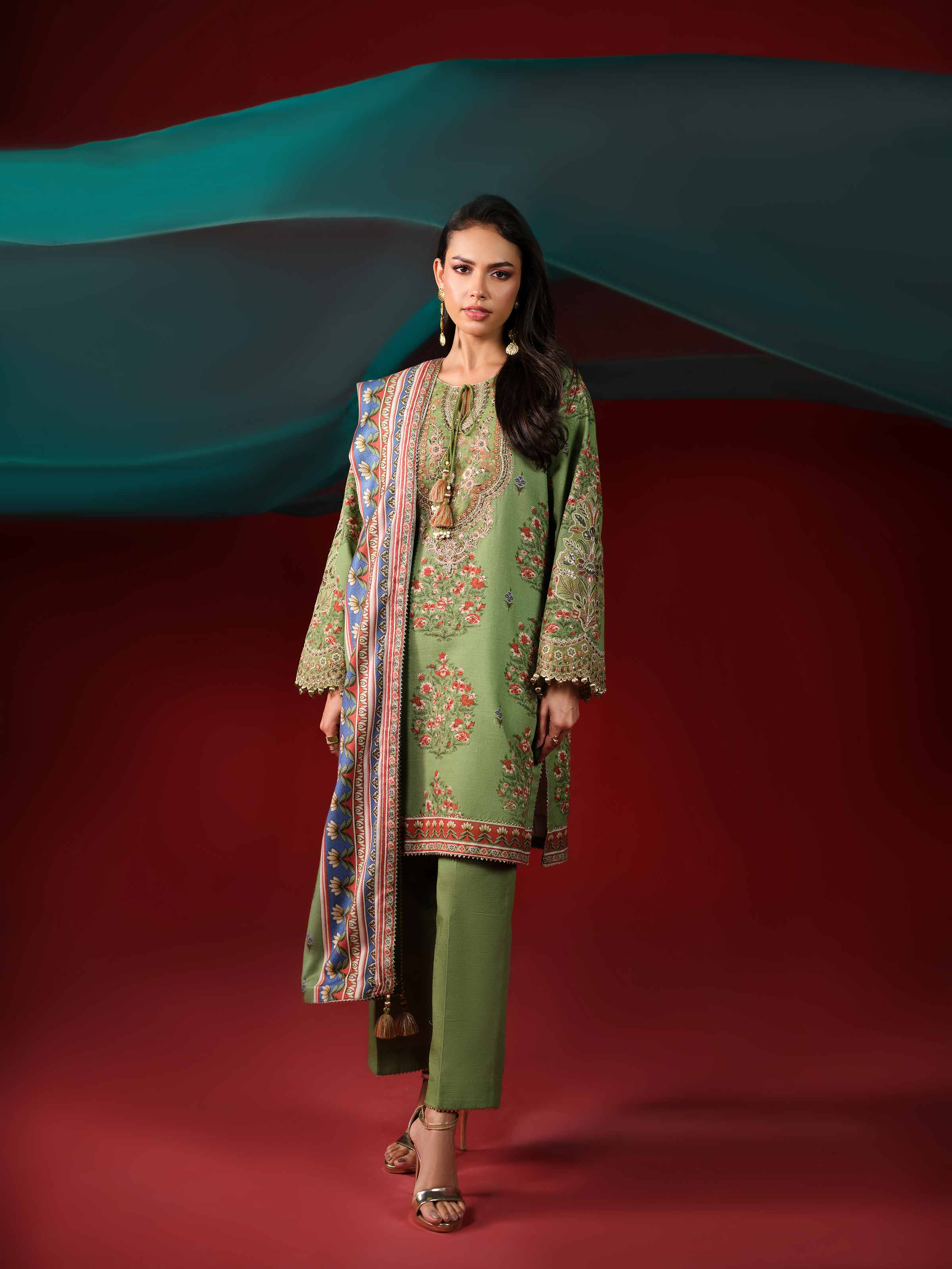 3 Piece - Printed Embroidered Suit - 42503536 Unstitched Green Khaddar 3PC Embroidered