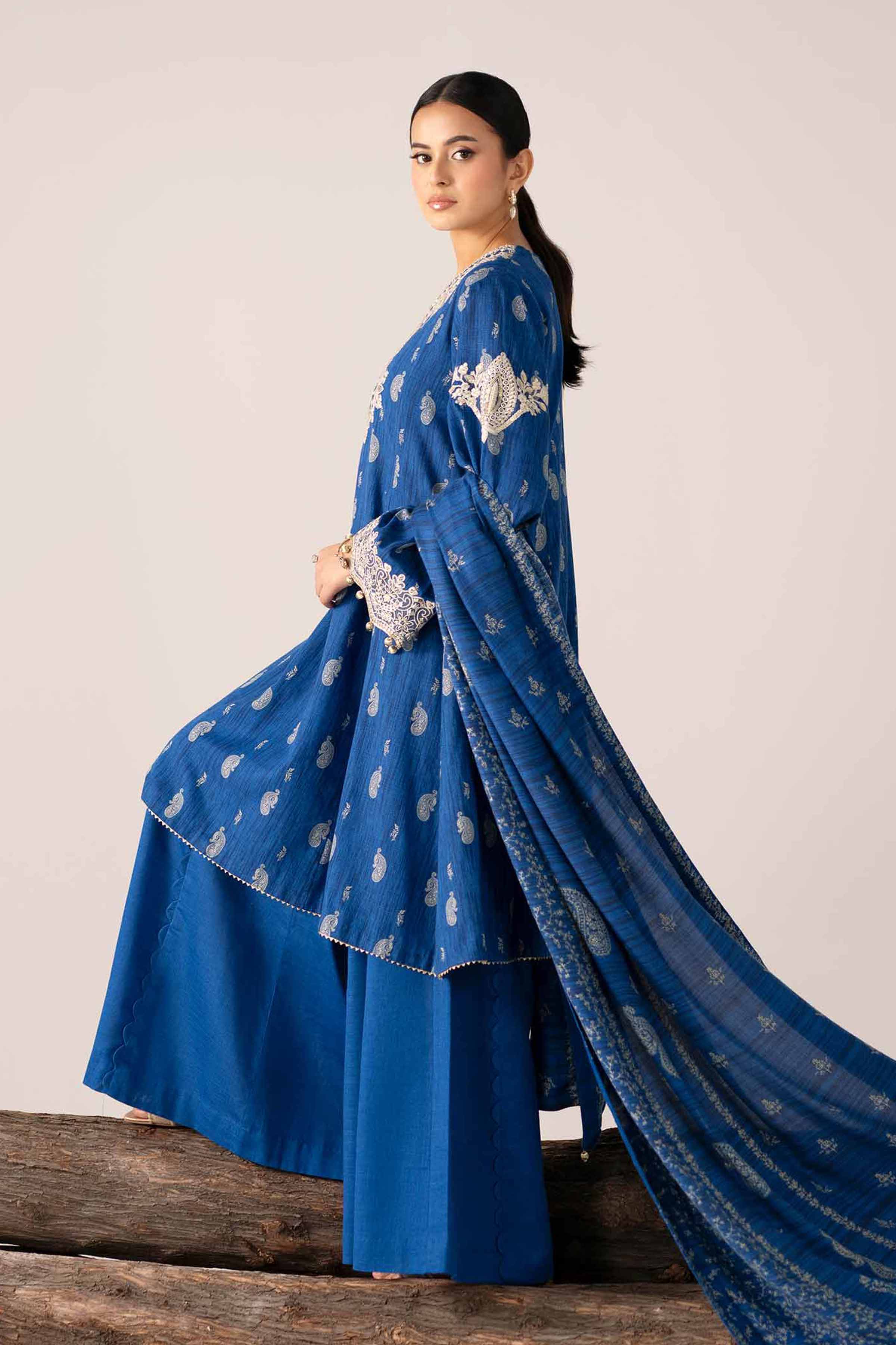 3 Piece - Printed Embroidered Suit - 42503537 Unstitched Blue Khaddar 3PC Embroidered
