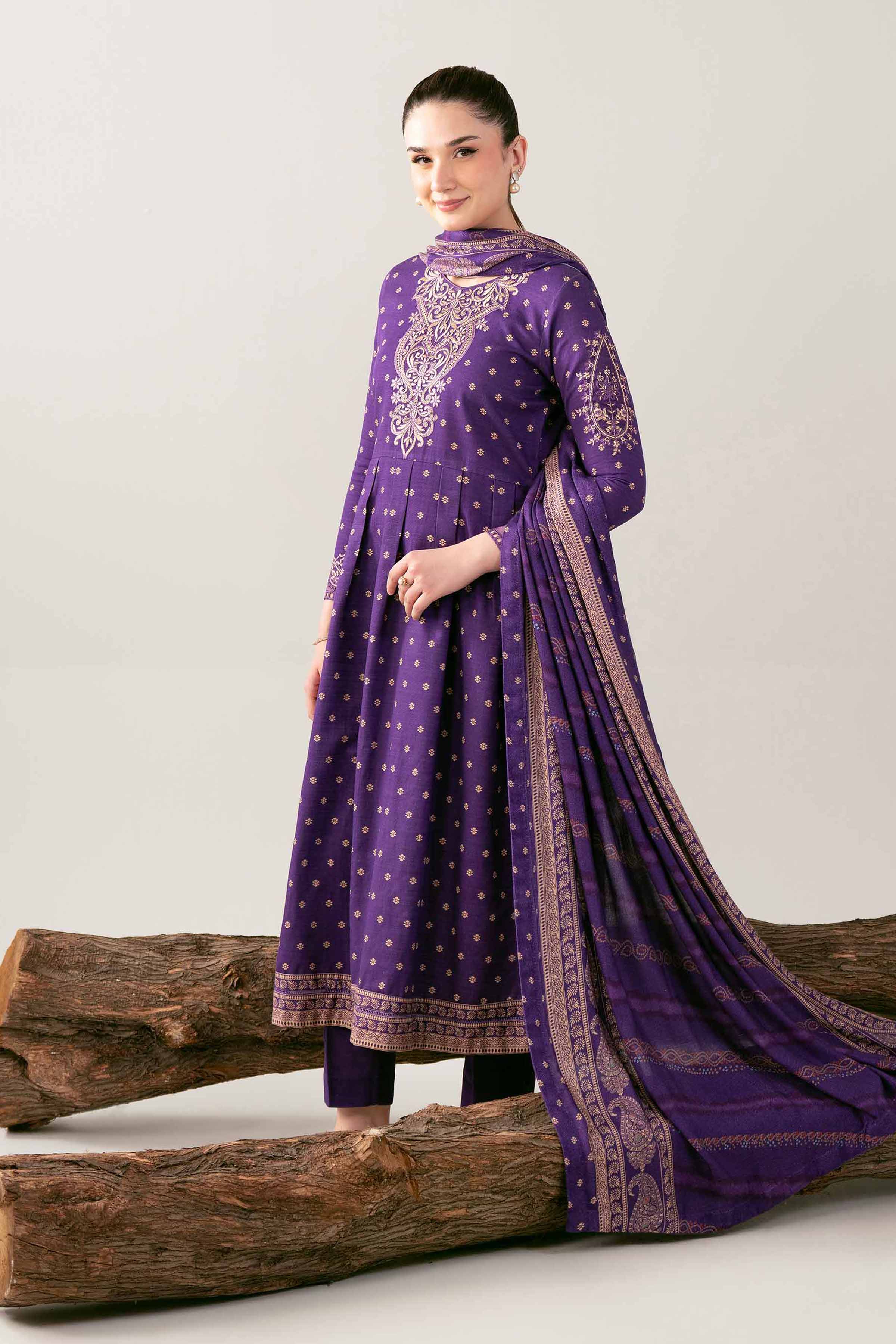 3 Piece - Printed Embroidered Suit - 42503538 Unstitched Purple Khaddar 3PC Embroidered