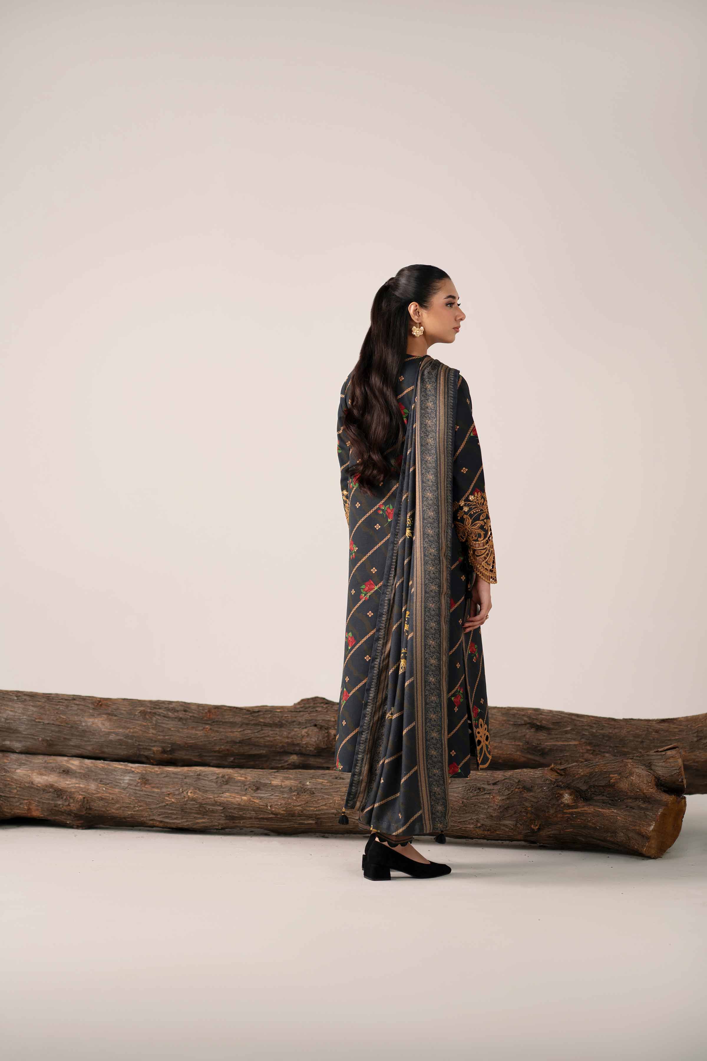 3 Piece - Printed Embroidered Suit - 42503539 Unstitched Black Khaddar 3PC Embroidered