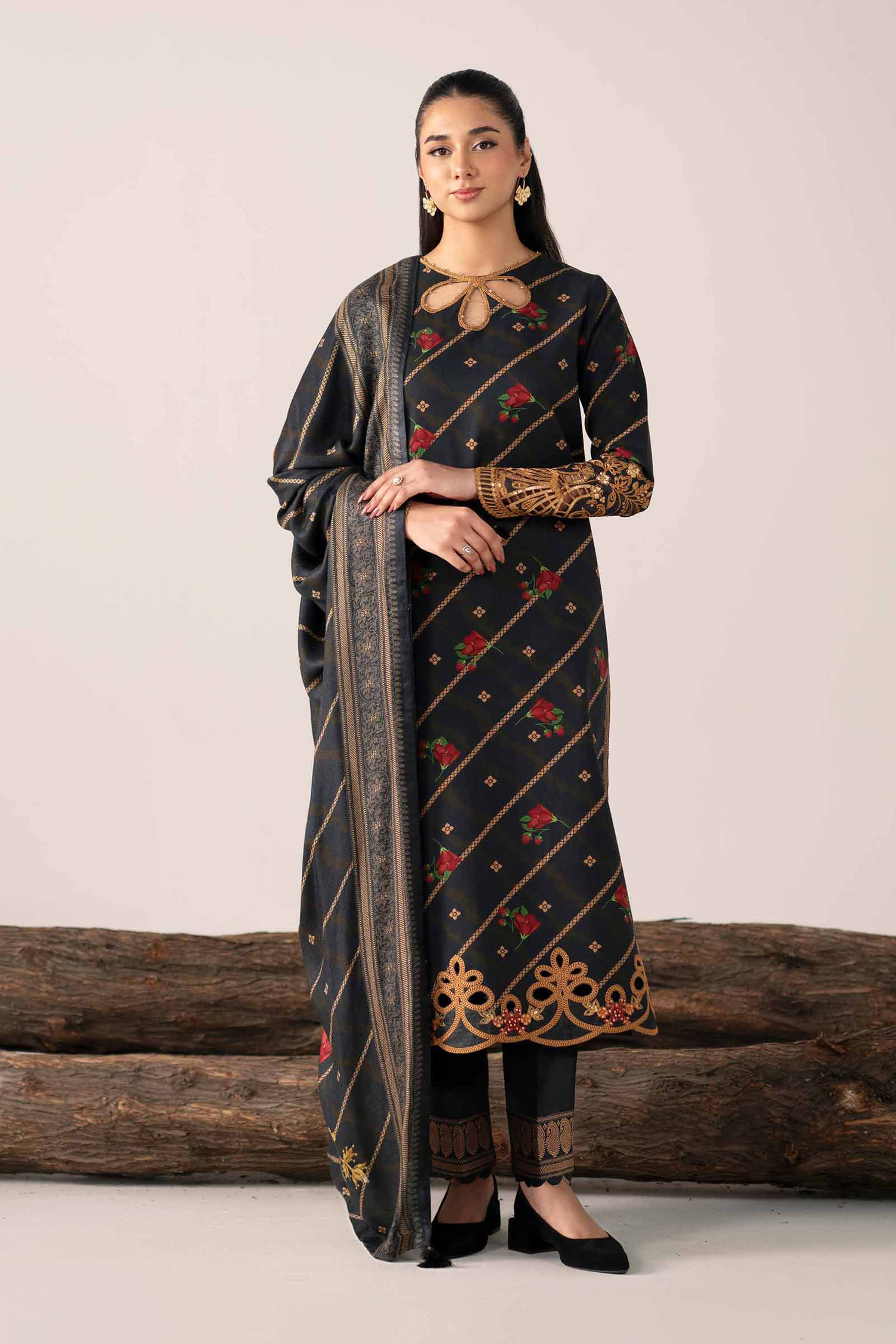 3 Piece - Printed Embroidered Suit - 42503539 Unstitched Black Khaddar 3PC Embroidered
