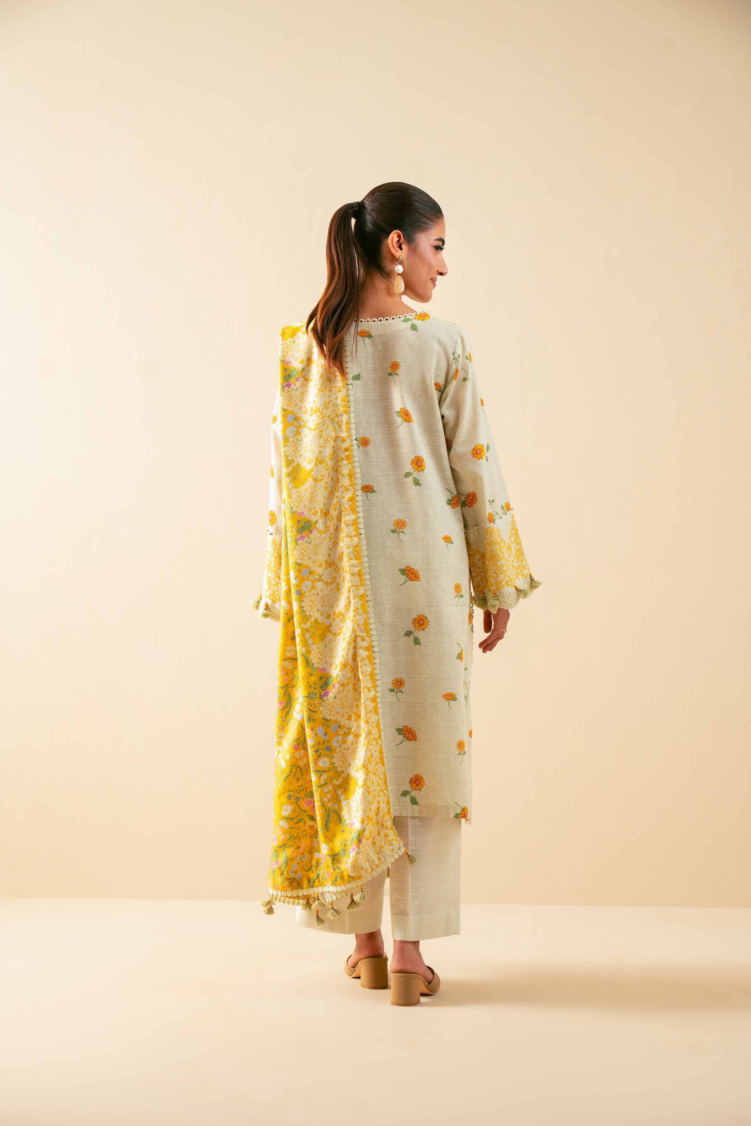 3 Piece - Printed Suit - 42503542 Unstitched Yellow Khaddar 3PC Printed