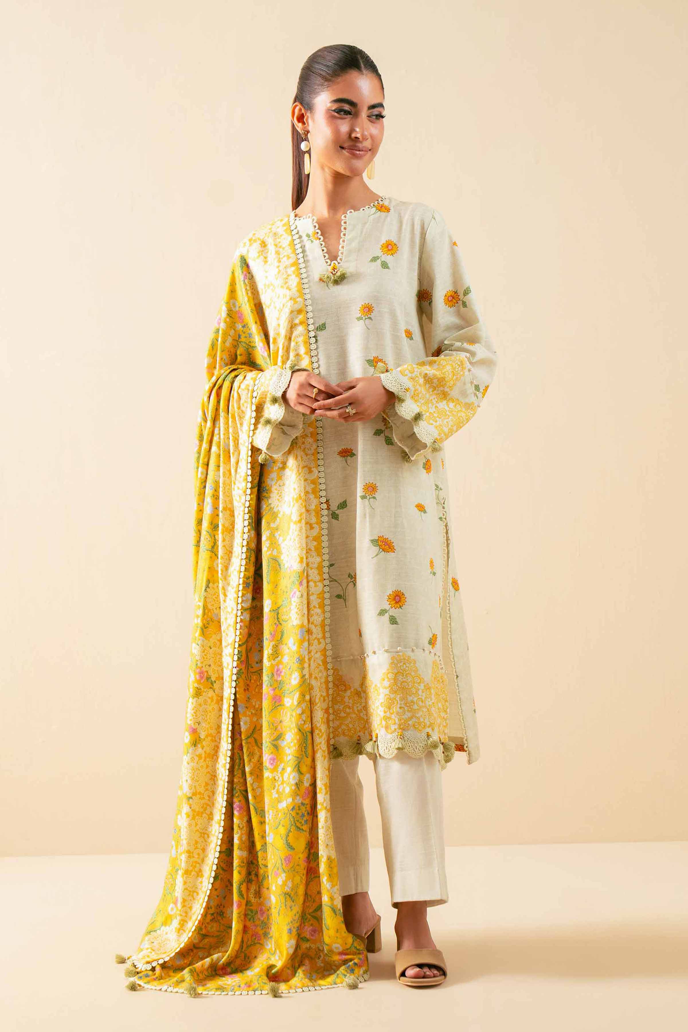 3 Piece - Printed Suit - 42503542 Unstitched Yellow Khaddar 3PC Printed