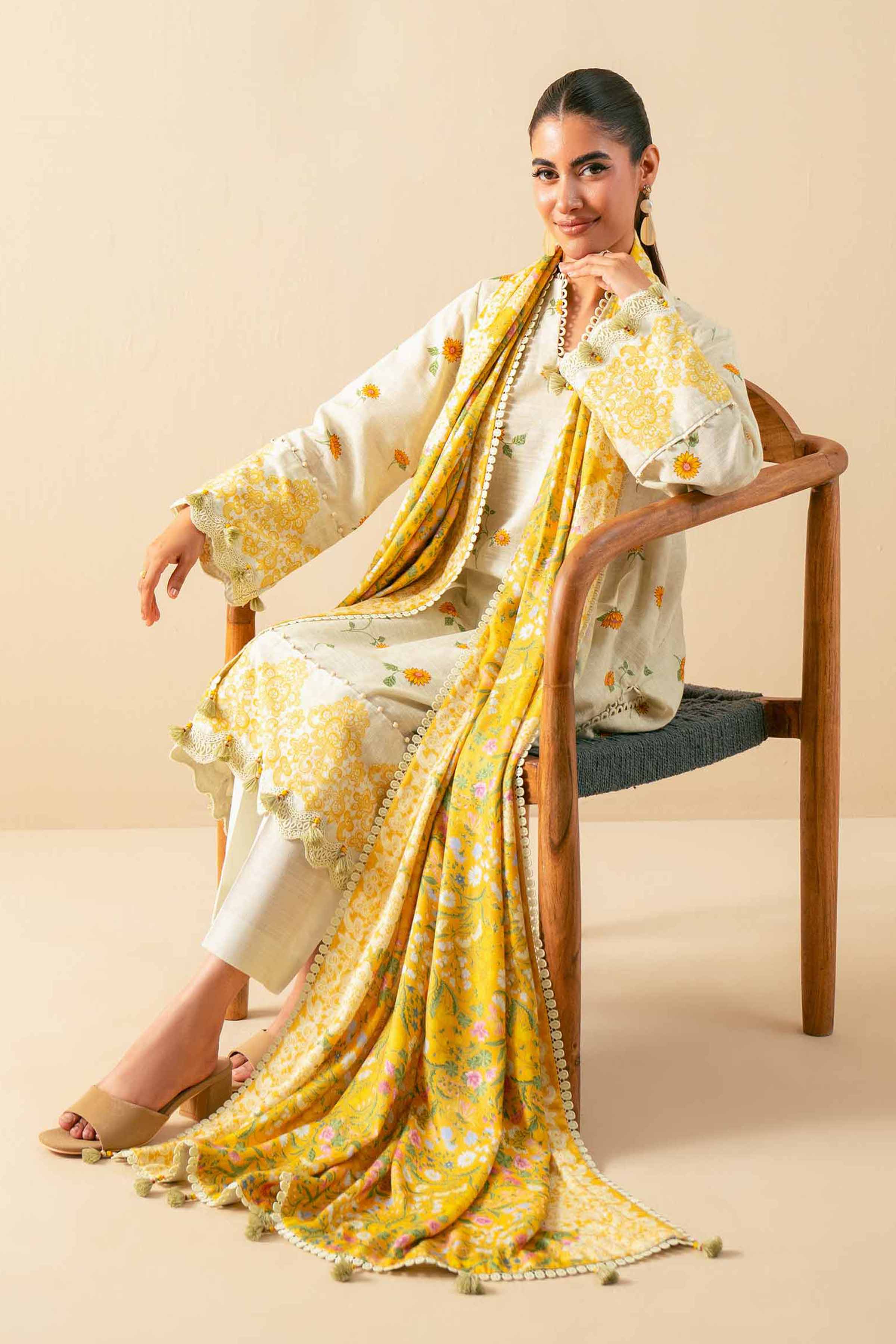 3 Piece - Printed Suit - 42503542 Unstitched Yellow Khaddar 3PC Printed