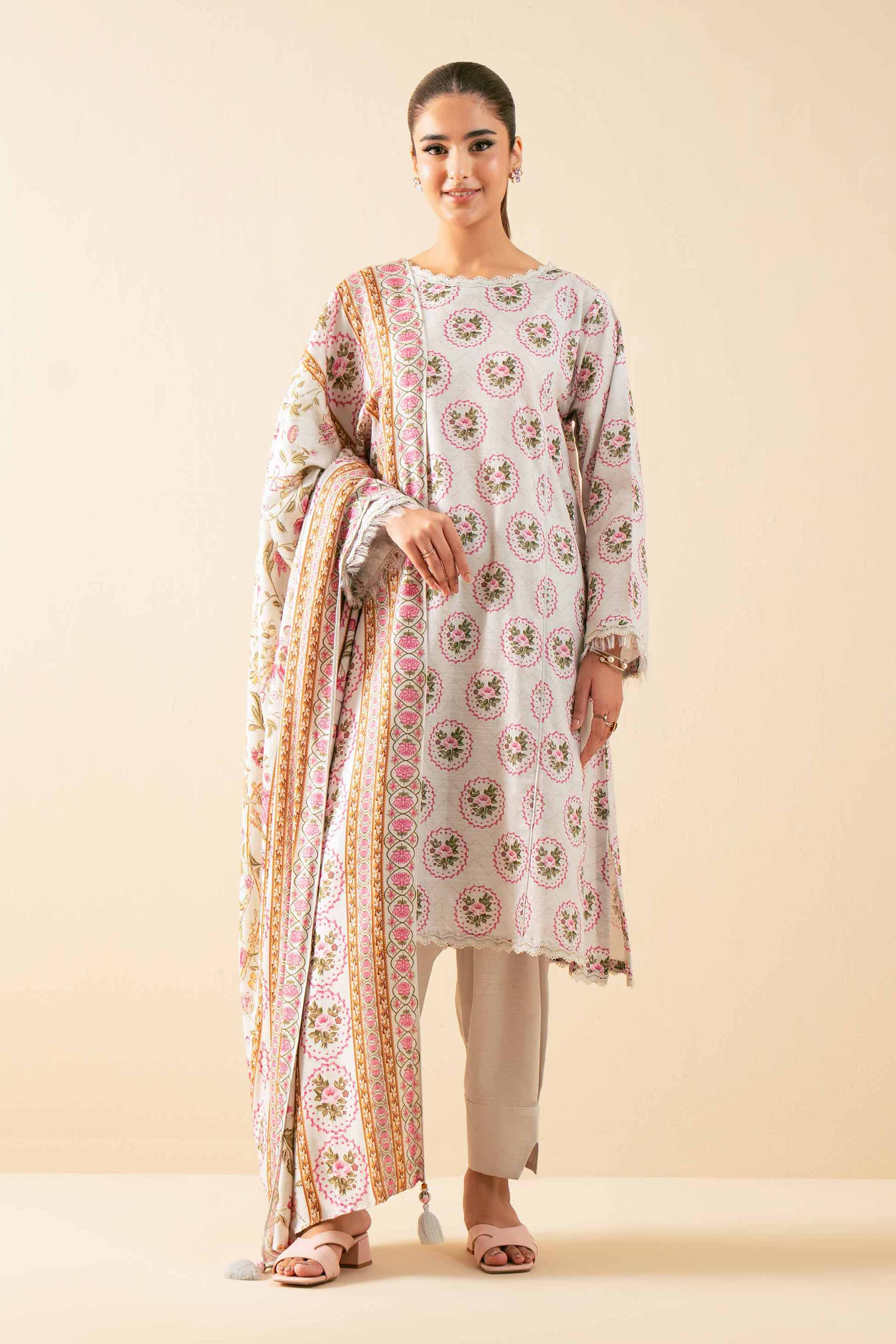 3 Piece - Printed Suit - 42503543 Unstitched Beige Khaddar 3PC Printed