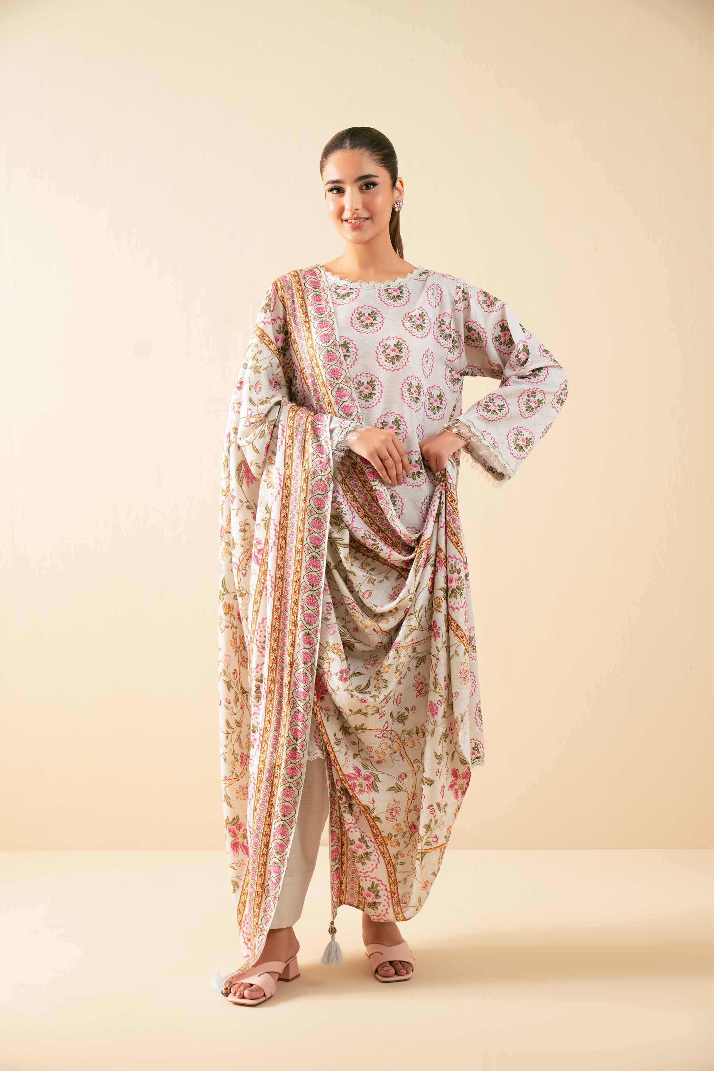 3 Piece - Printed Suit - 42503543 Unstitched Beige Khaddar 3PC Printed