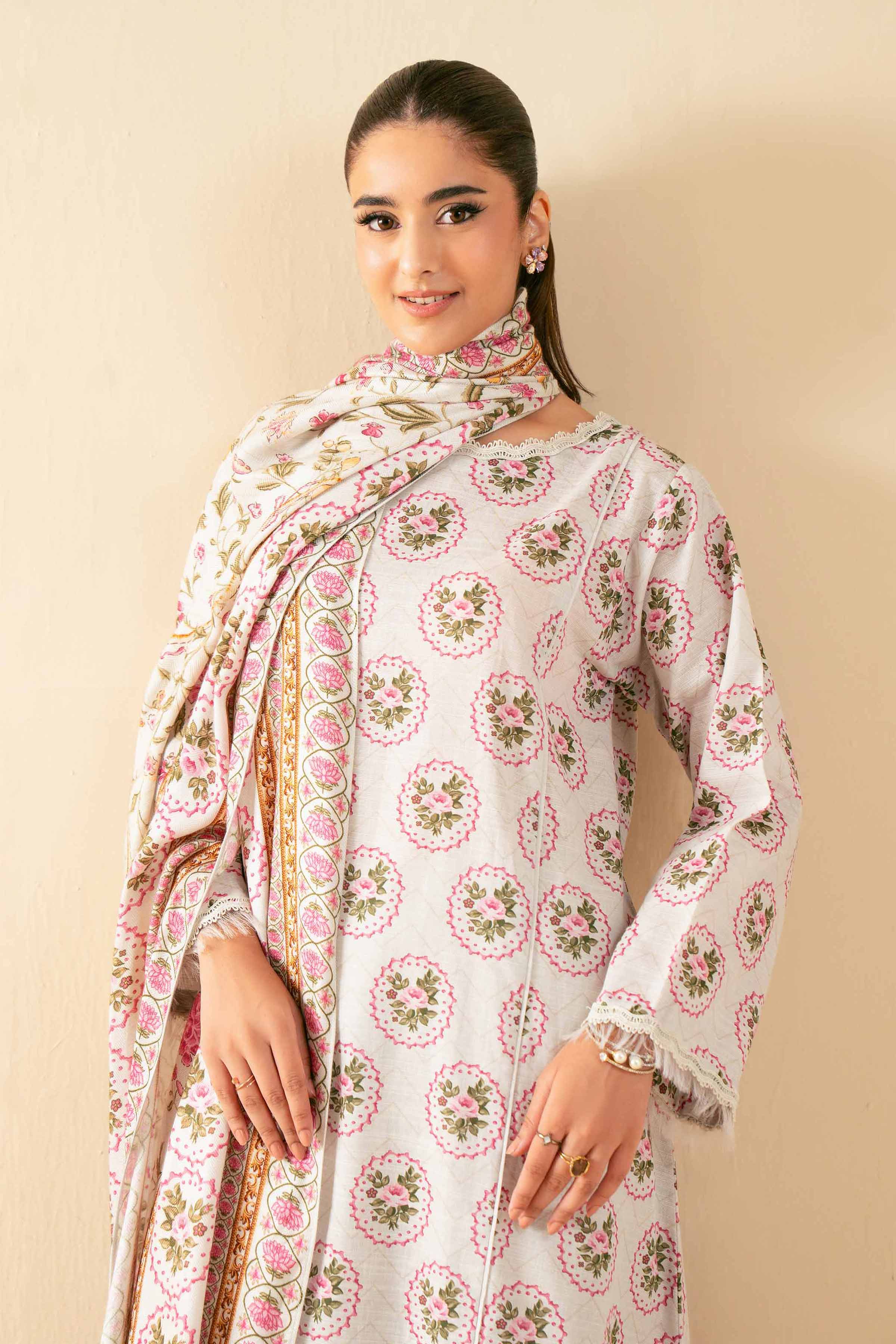 3 Piece - Printed Suit - 42503543 Unstitched Beige Khaddar 3PC Printed