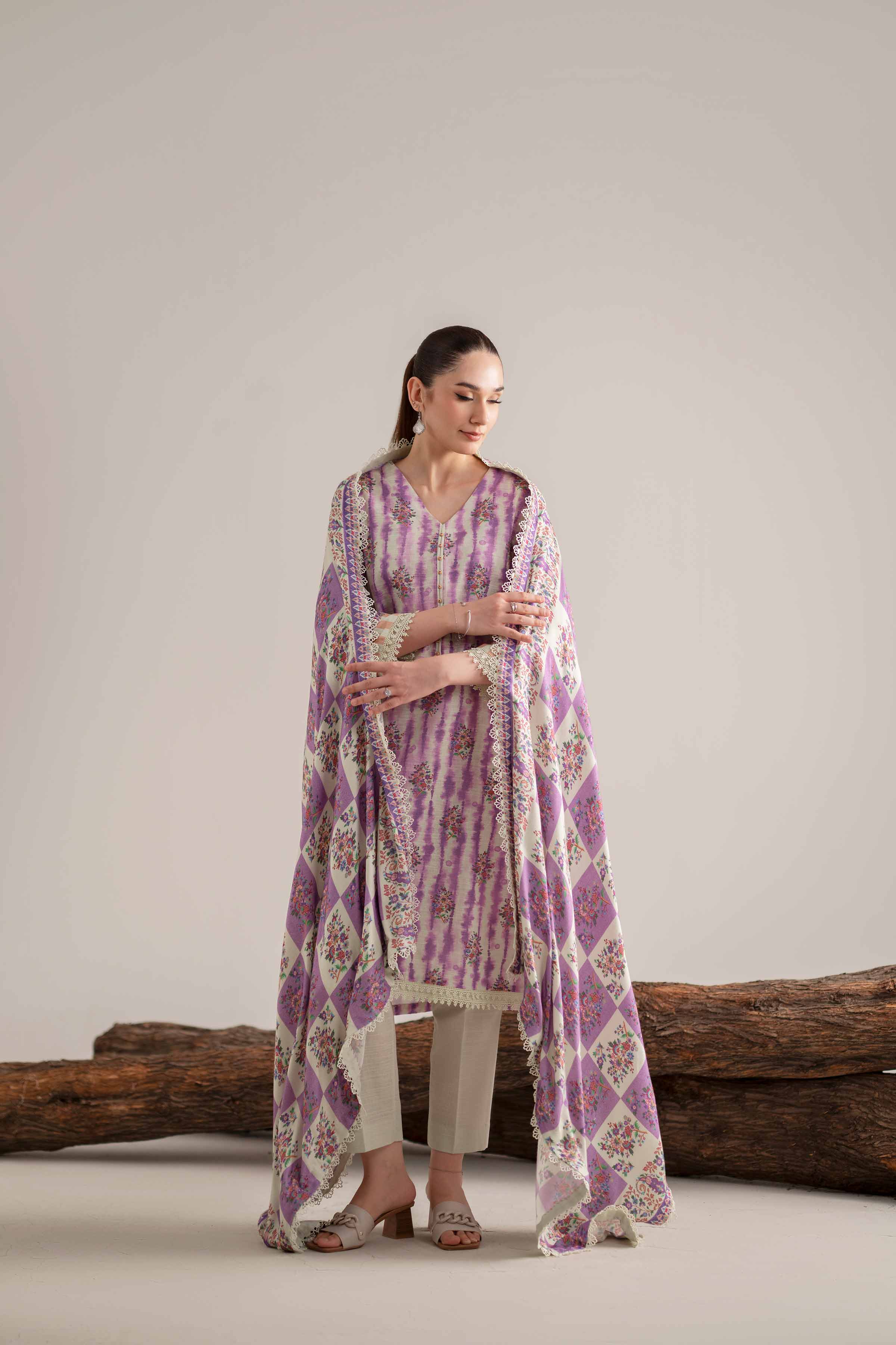 3 Piece - Printed Suit - 42503545 Unstitched Purple Khaddar 3PC Printed