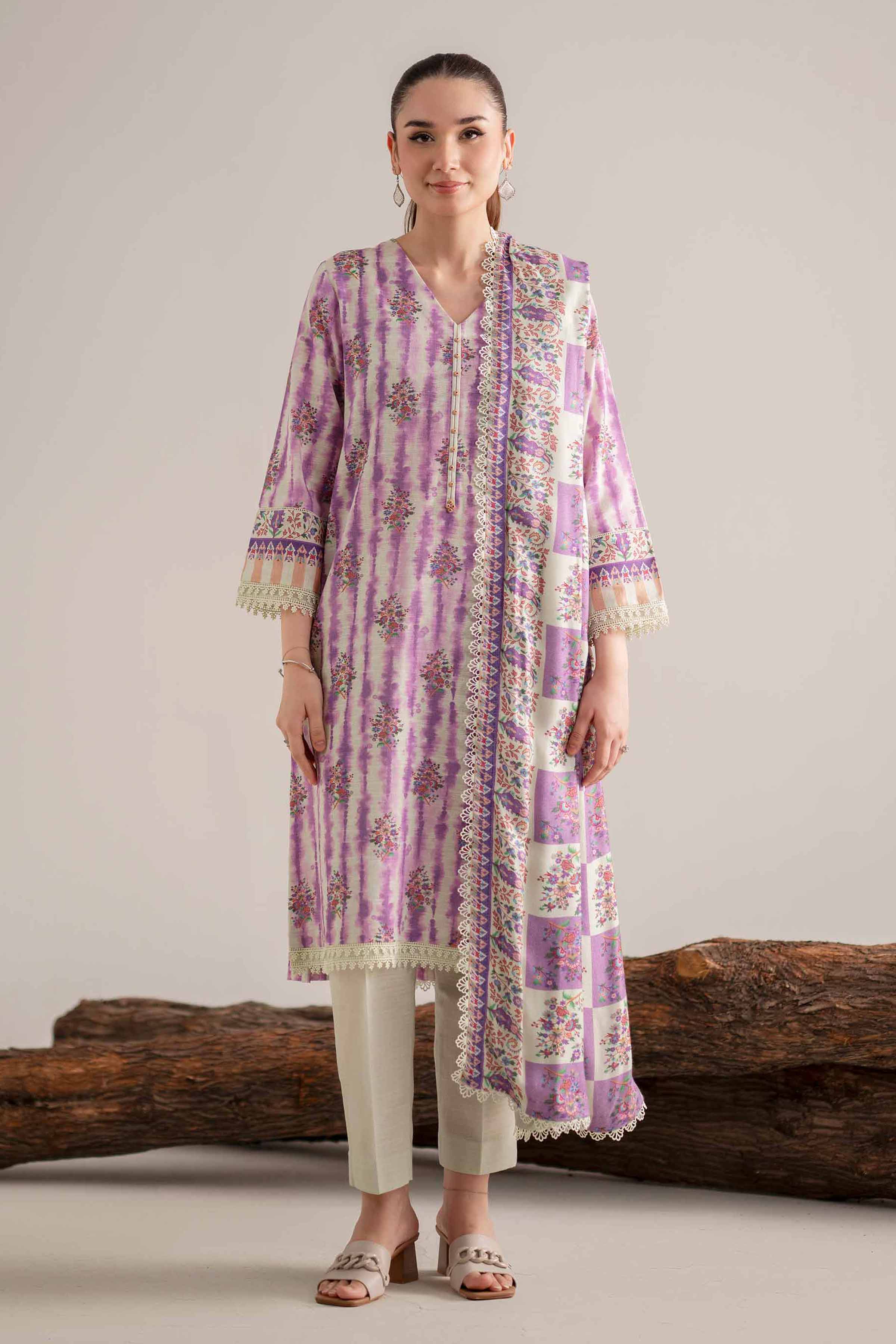 3 Piece - Printed Suit - 42503545 Unstitched Purple Khaddar 3PC Printed