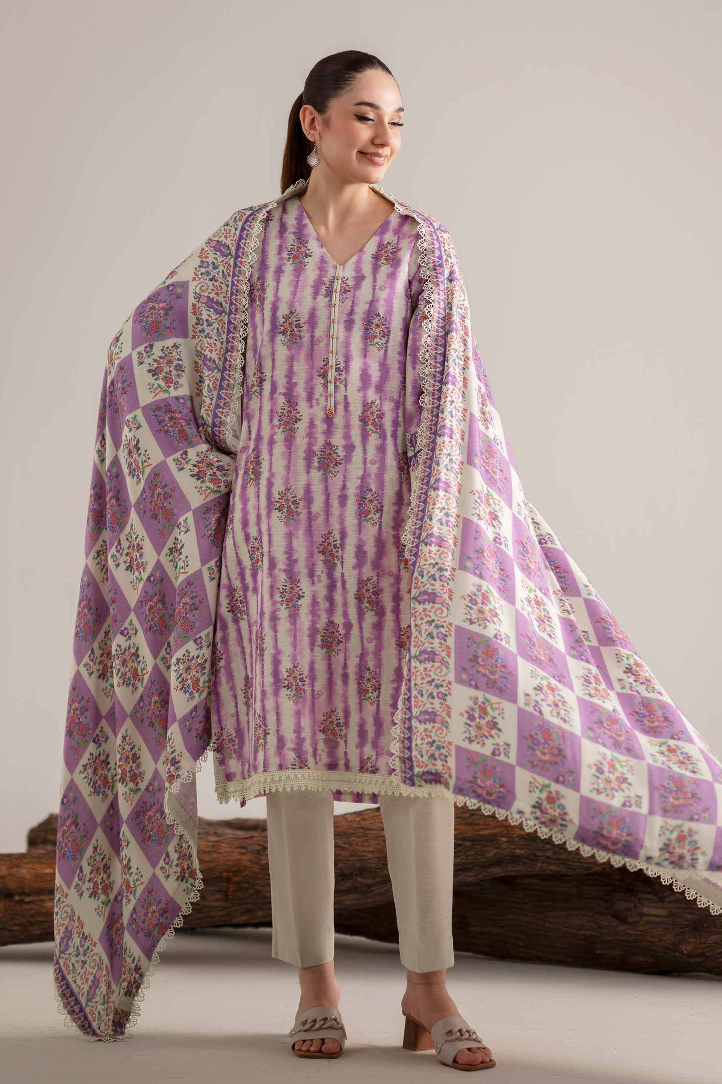 3 Piece - Printed Suit - 42503545 Unstitched Purple Khaddar 3PC Printed