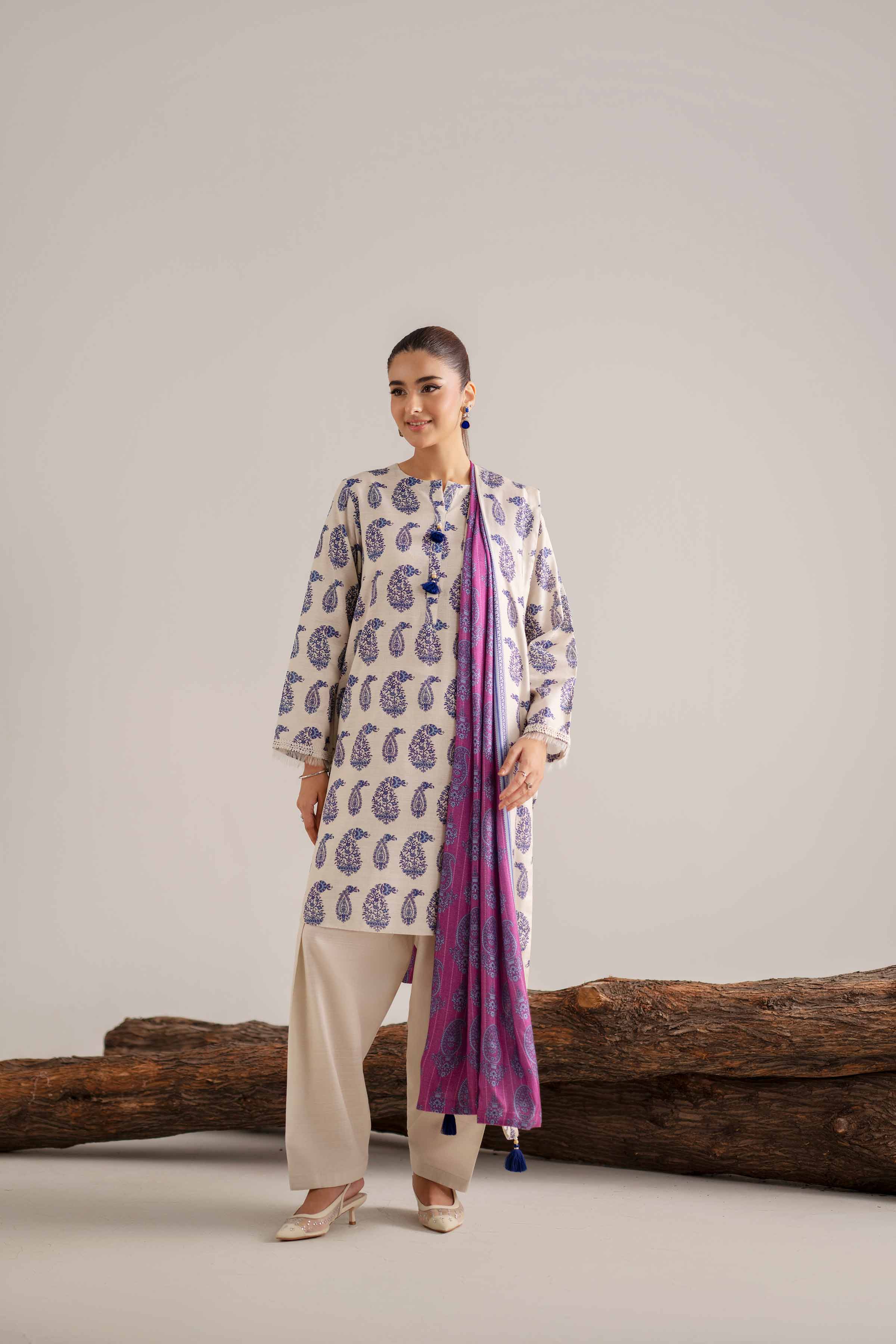 3 Piece - Printed Suit - 42503547 Unstitched Purple Khaddar 3PC Printed