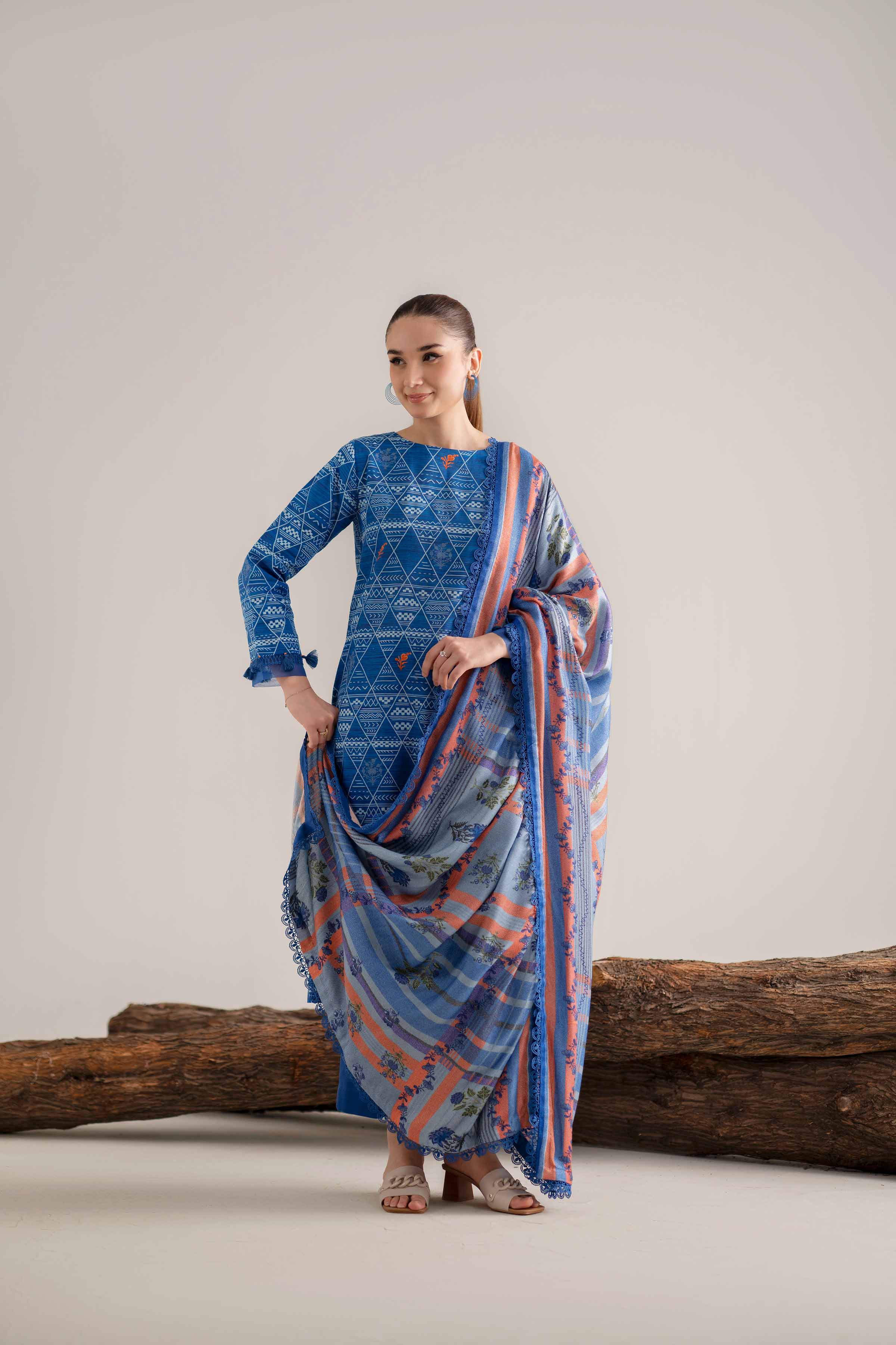 3 Piece - Printed Suit - 42503550 Unstitched Blue Khaddar 3PC Printed