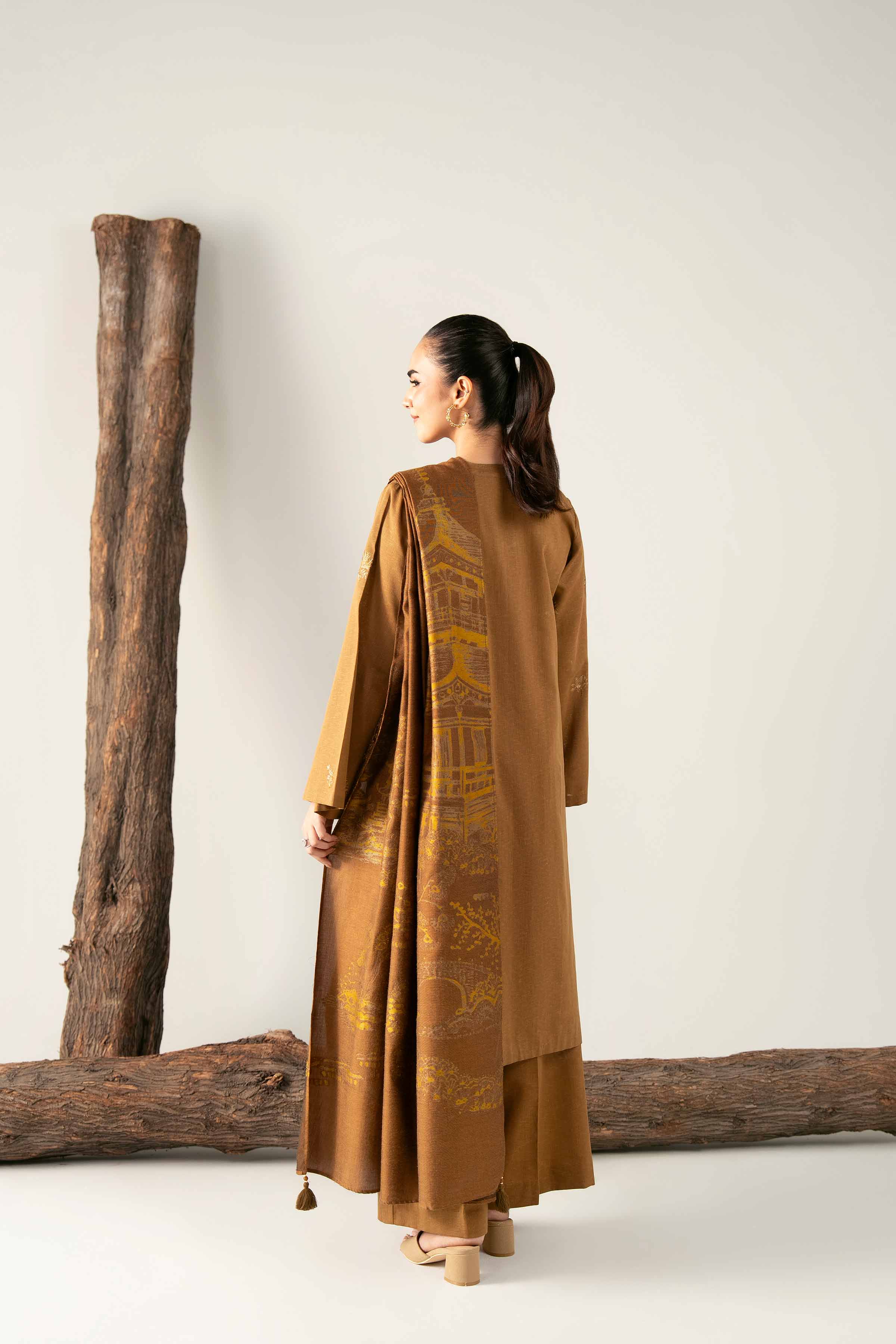 3 Piece - Embroidered Suit - 42503570 Unstitched Brown Karandi 3PC Embroidered