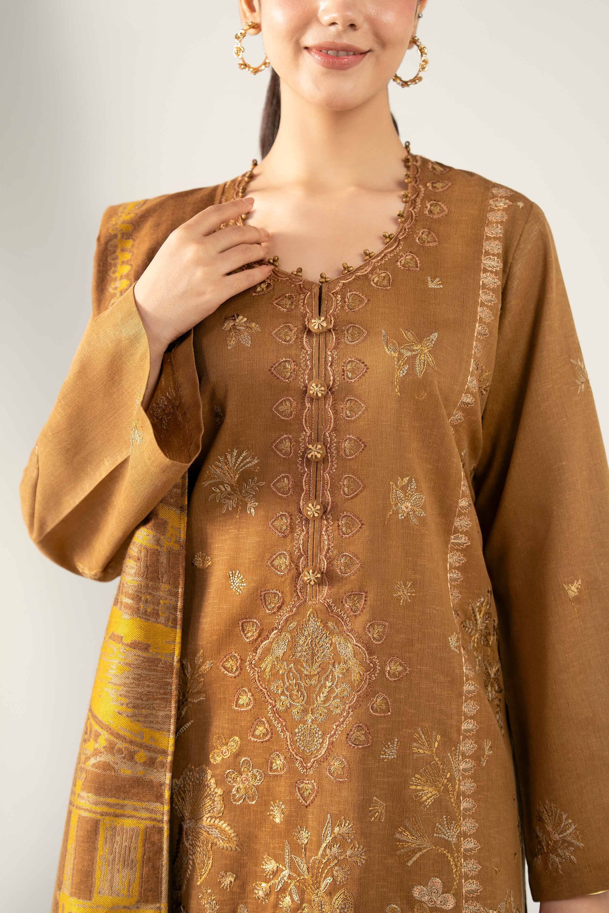 3 Piece - Embroidered Suit - 42503570 Unstitched Brown Karandi 3PC Embroidered