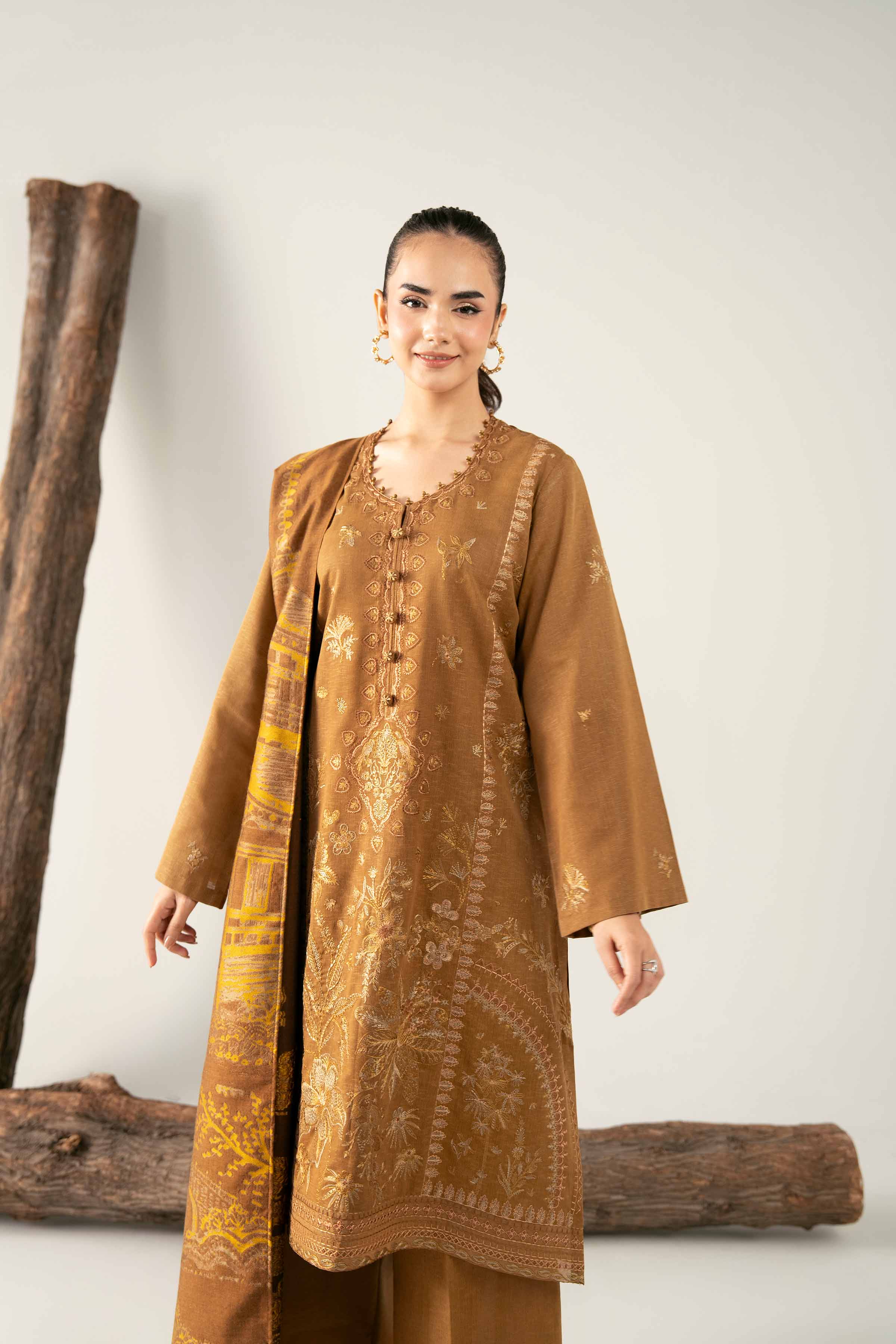 3 Piece - Embroidered Suit - 42503570 Unstitched Brown Karandi 3PC Embroidered