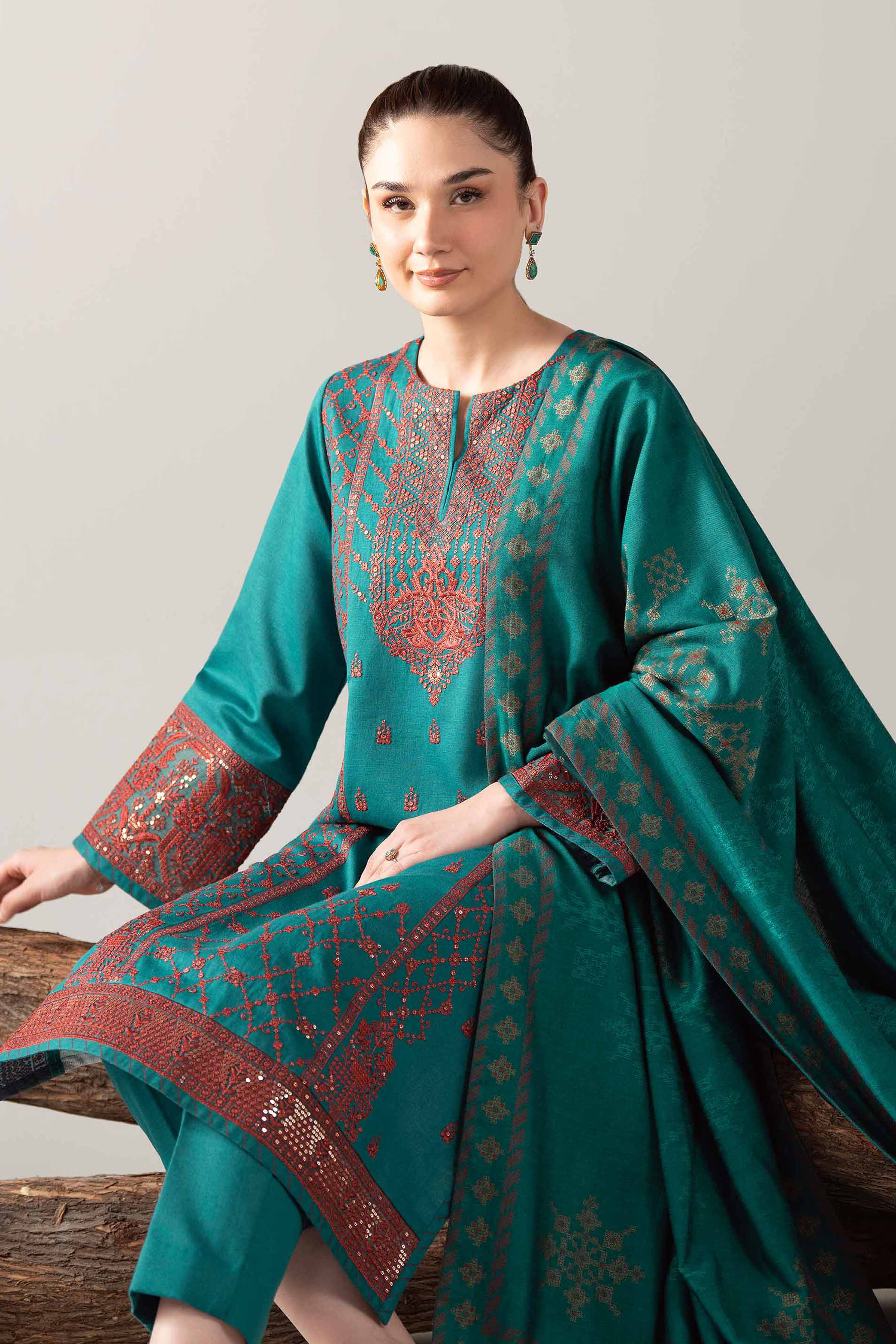3 Piece - Embroidered Suit - 42503574 Unstitched Green Karandi 3PC Embroidered
