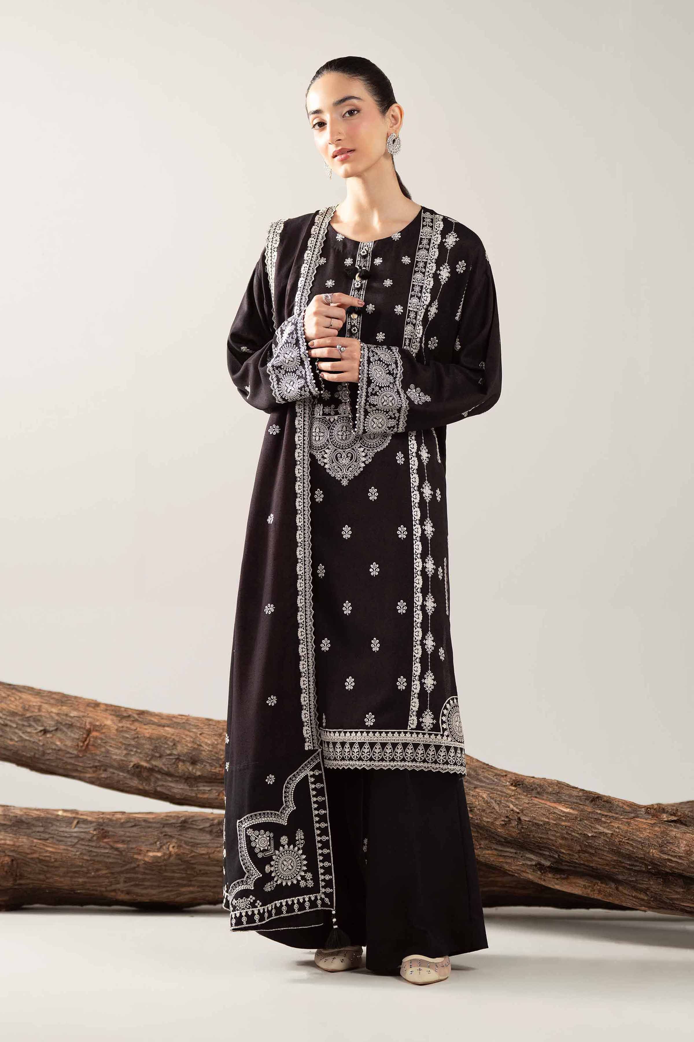 3 Piece - Embroidered Suit - 42503587 Unstitched Black Karandi 3PC Embroidered