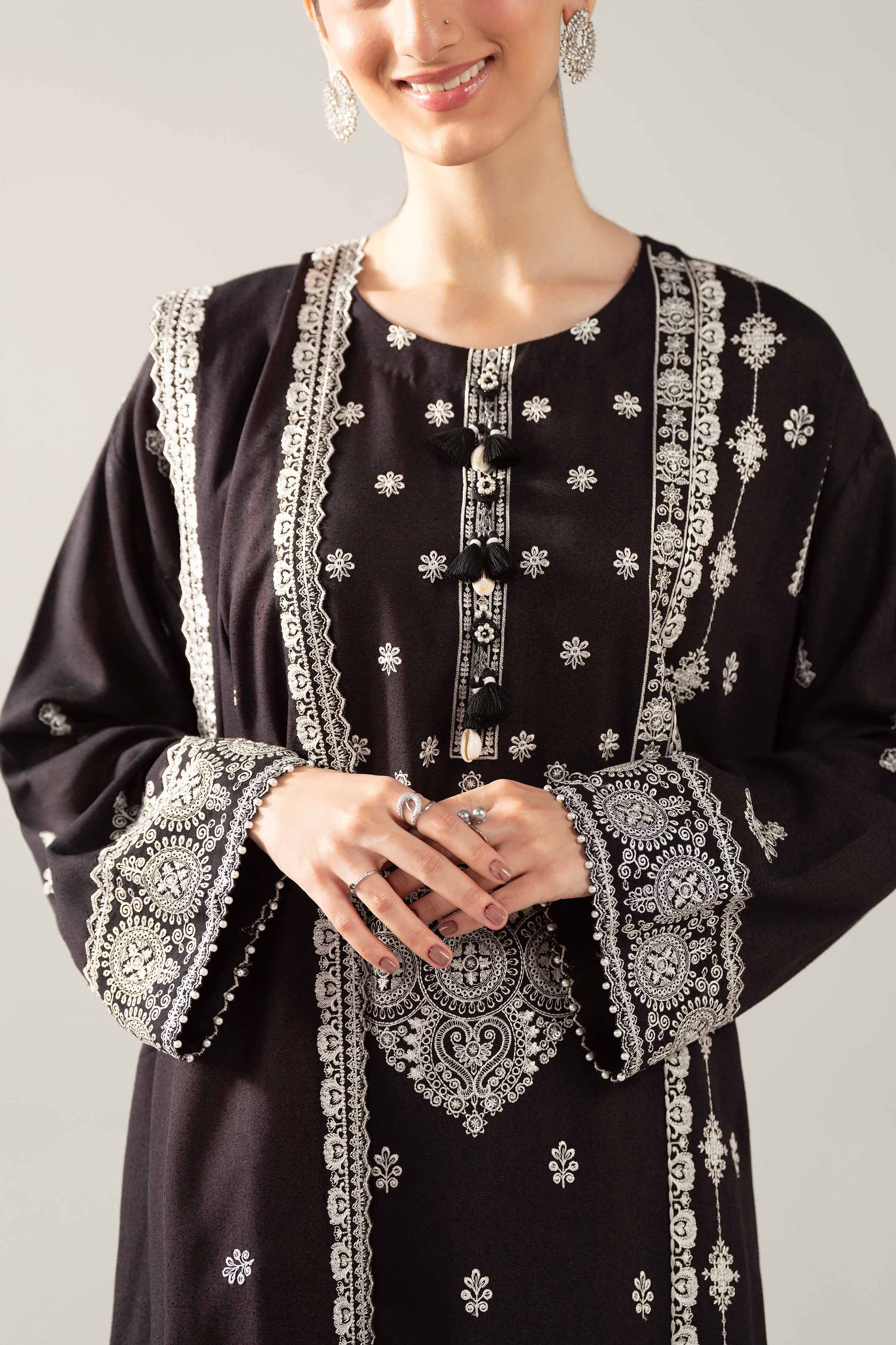 3 Piece - Embroidered Suit - 42503587 Unstitched Black Karandi 3PC Embroidered