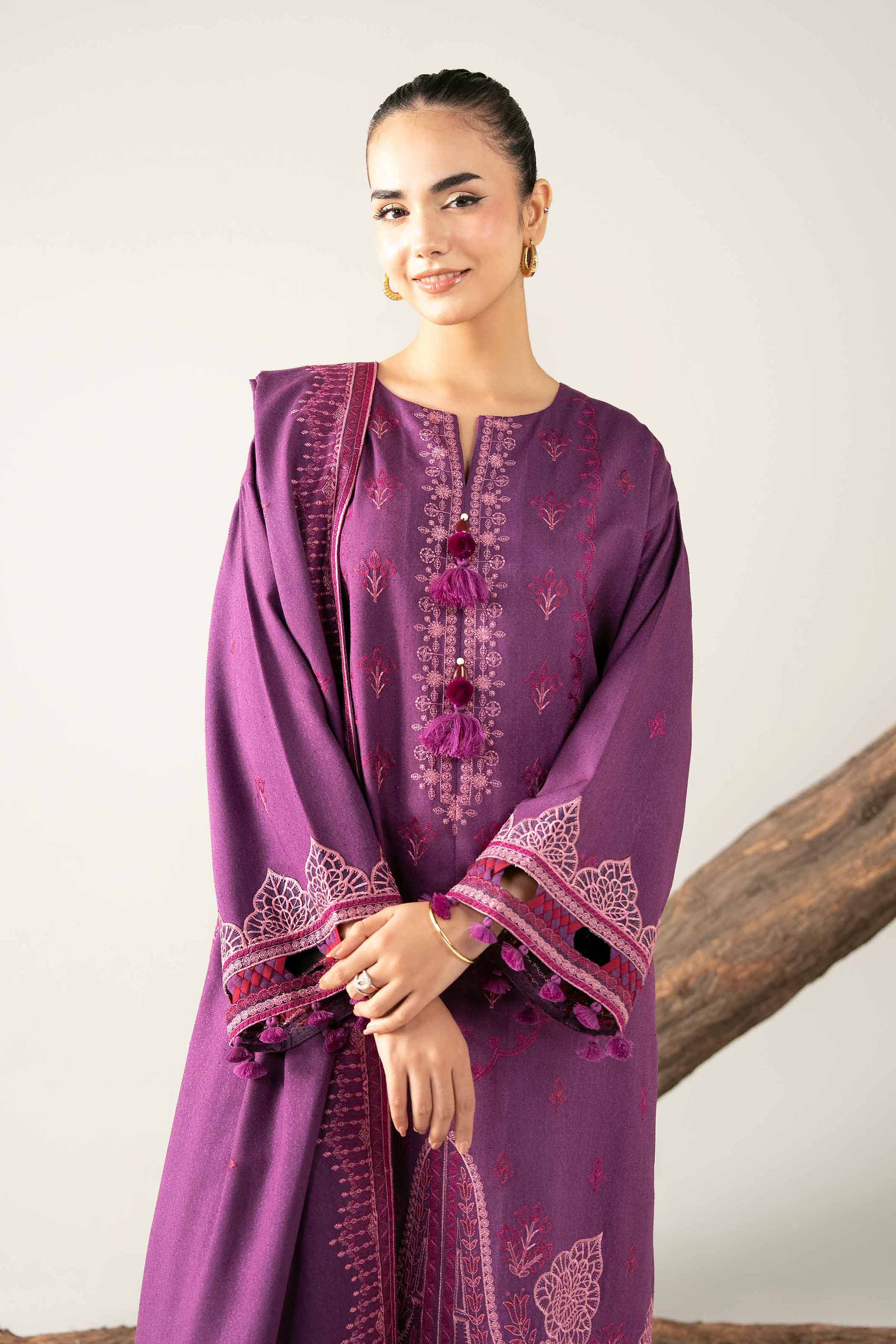 3 Piece - Embroidered Suit - 42503588 Unstitched Purple Karandi 3PC Embroidered