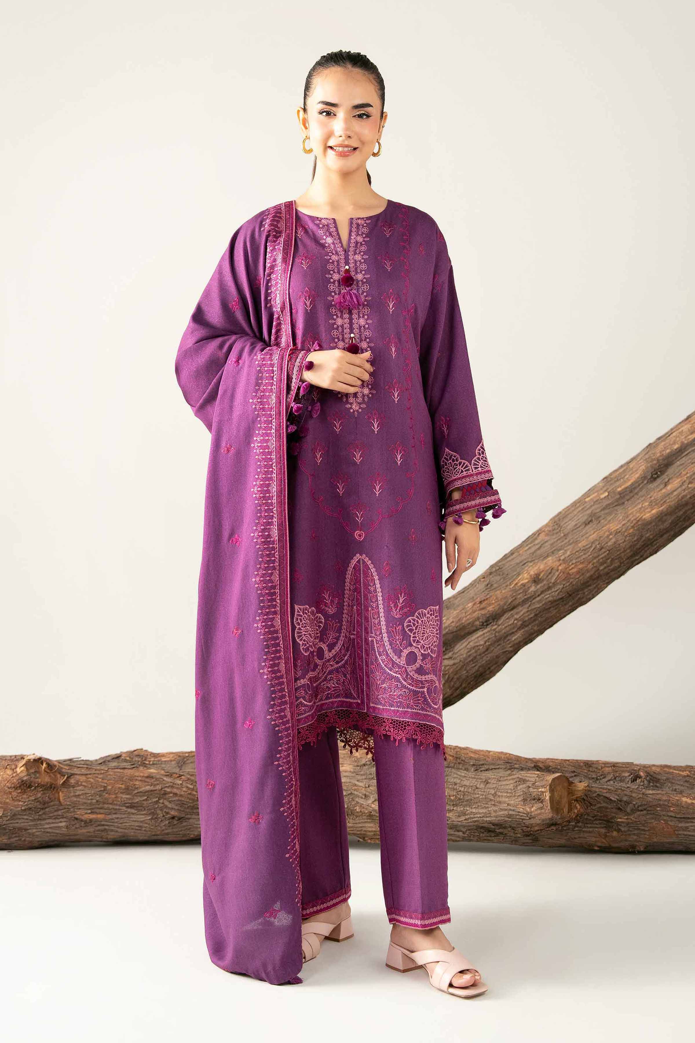 3 Piece - Embroidered Suit - 42503588 Unstitched Purple Karandi 3PC Embroidered