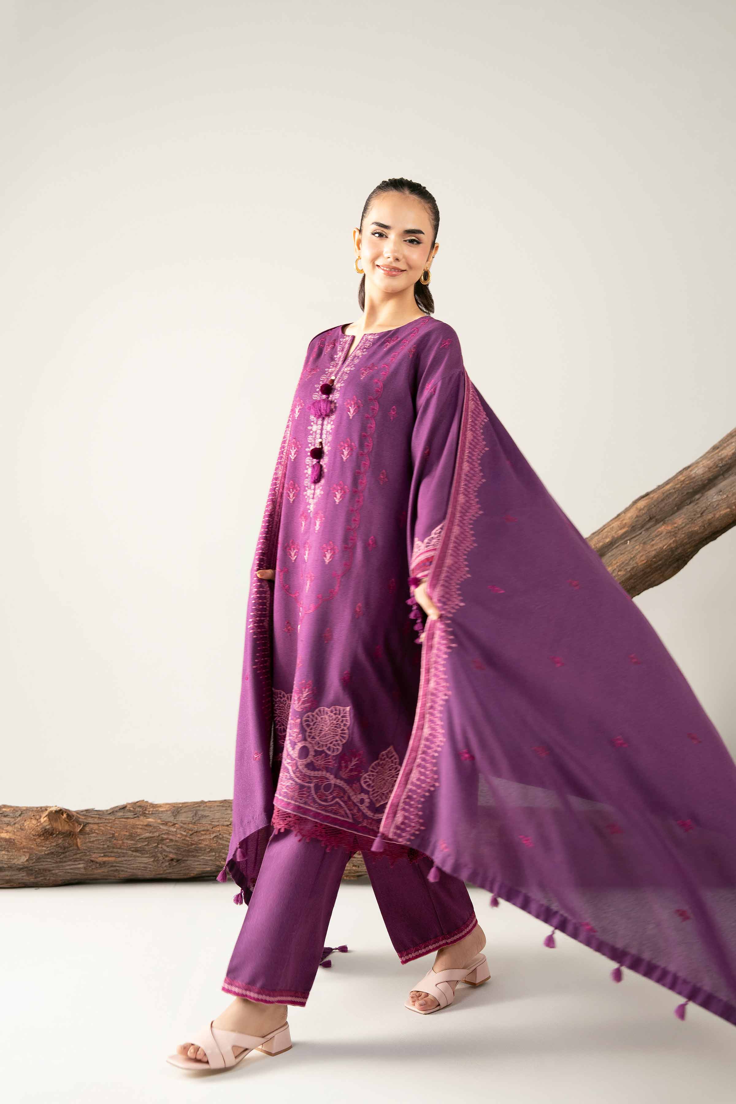 3 Piece - Embroidered Suit - 42503588 Unstitched Purple Karandi 3PC Embroidered