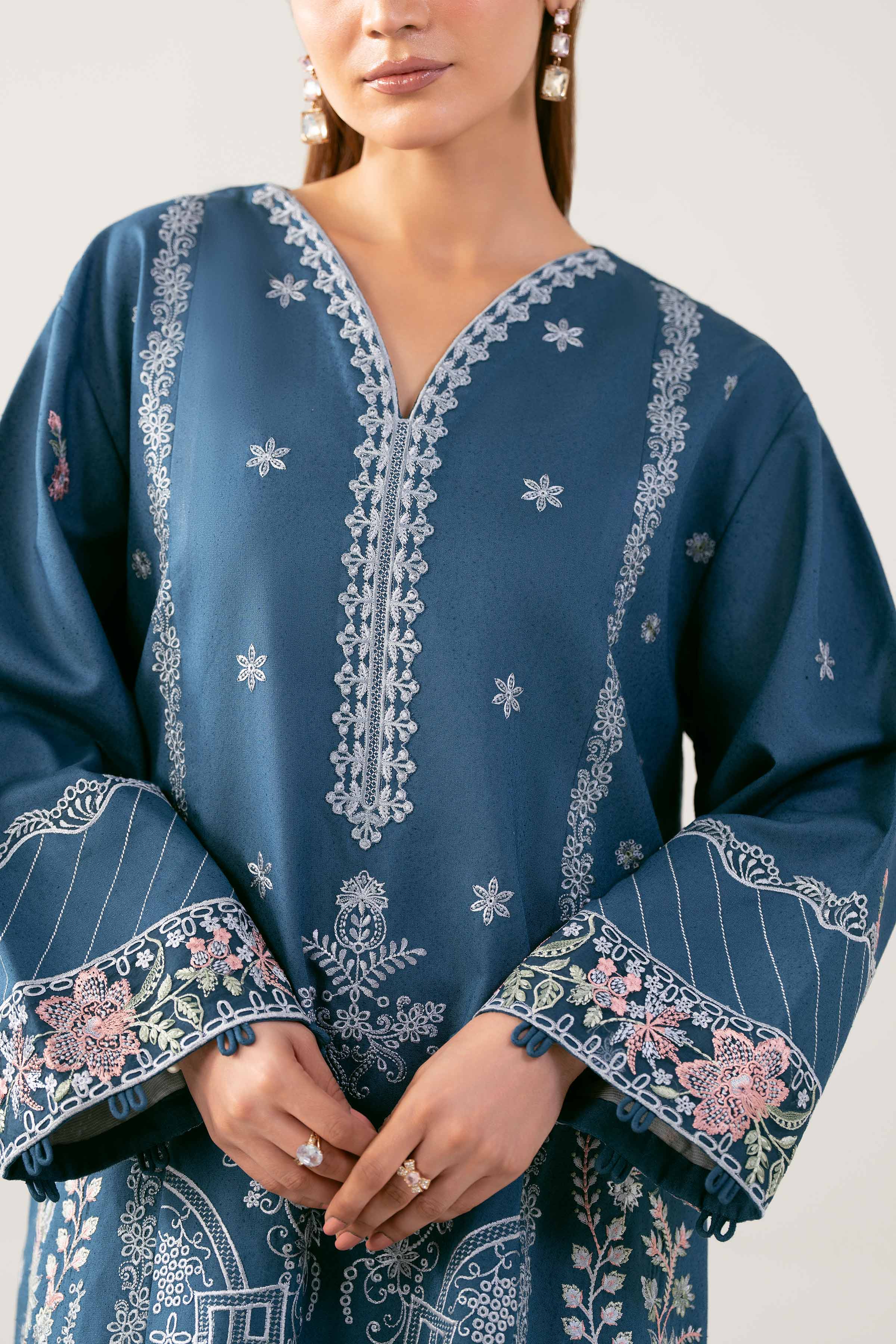 3 Piece - Embroidered Suit - 42503593 Unstitched Blue Karandi 3PC Embroidered