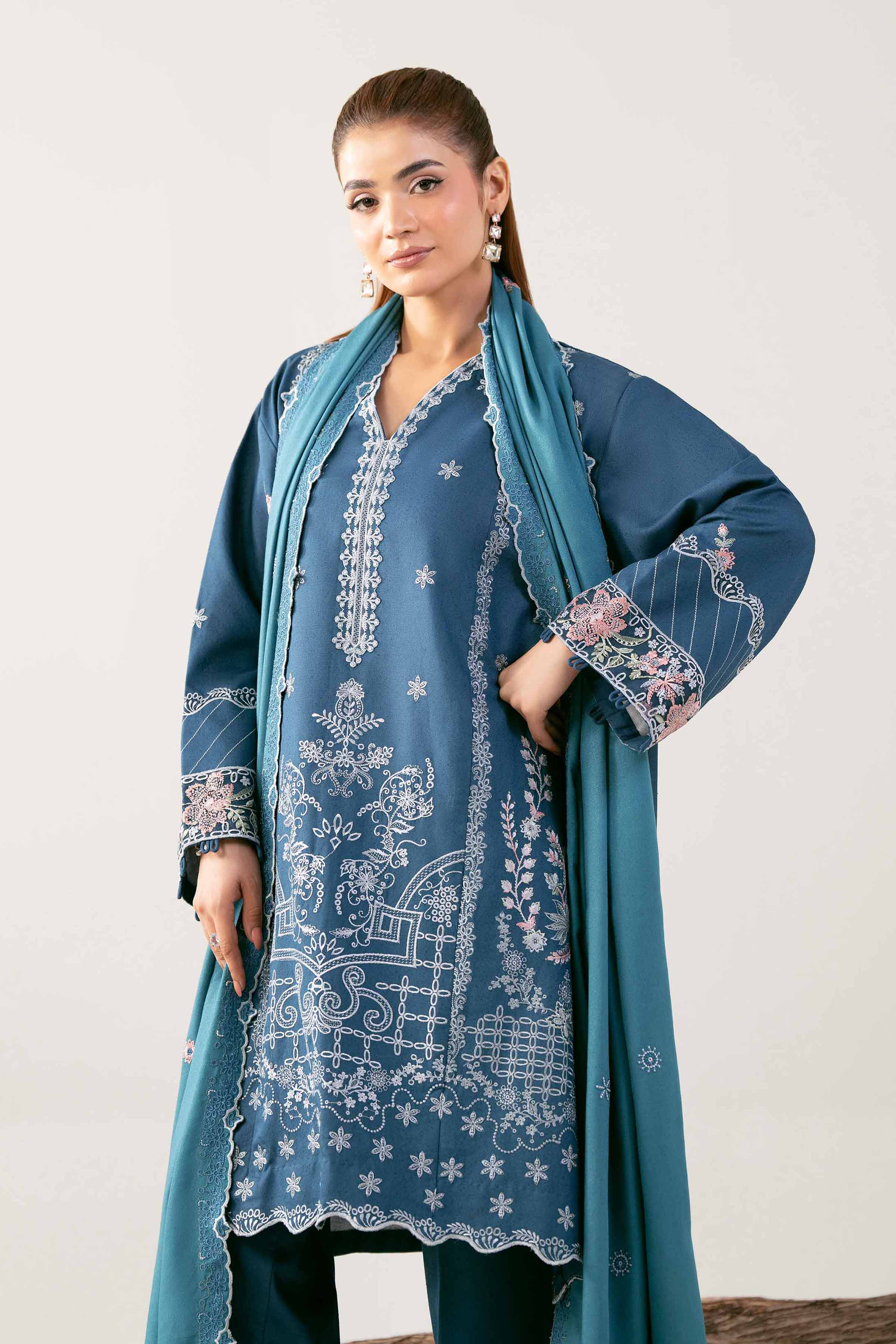 3 Piece - Embroidered Suit - 42503593 Unstitched Blue Karandi 3PC Embroidered
