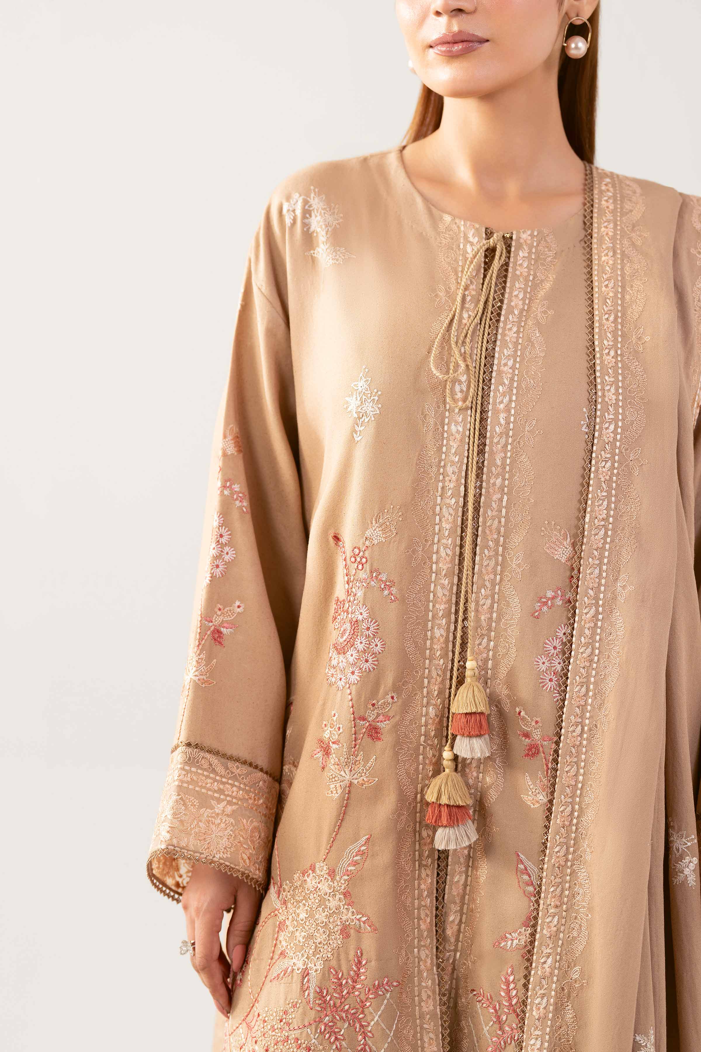 3 Piece - Embroidered Suit - 42503594 Unstitched Beige Karandi 3PC Embroidered