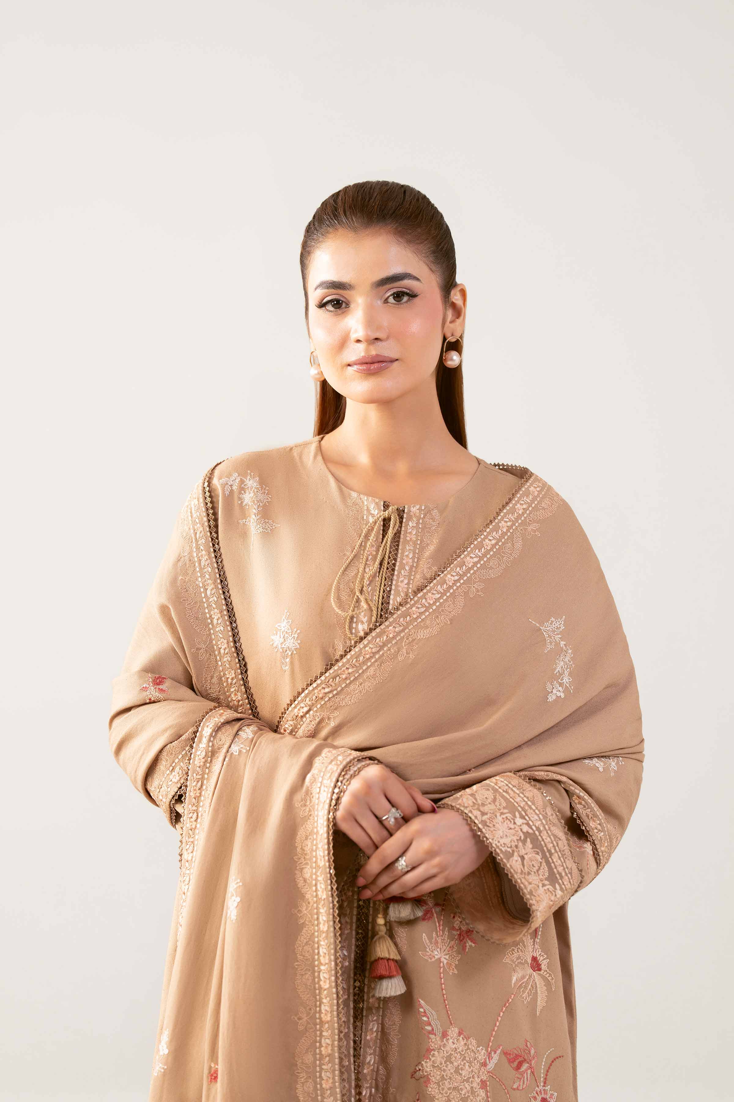 3 Piece - Embroidered Suit - 42503594 Unstitched Beige Karandi 3PC Embroidered