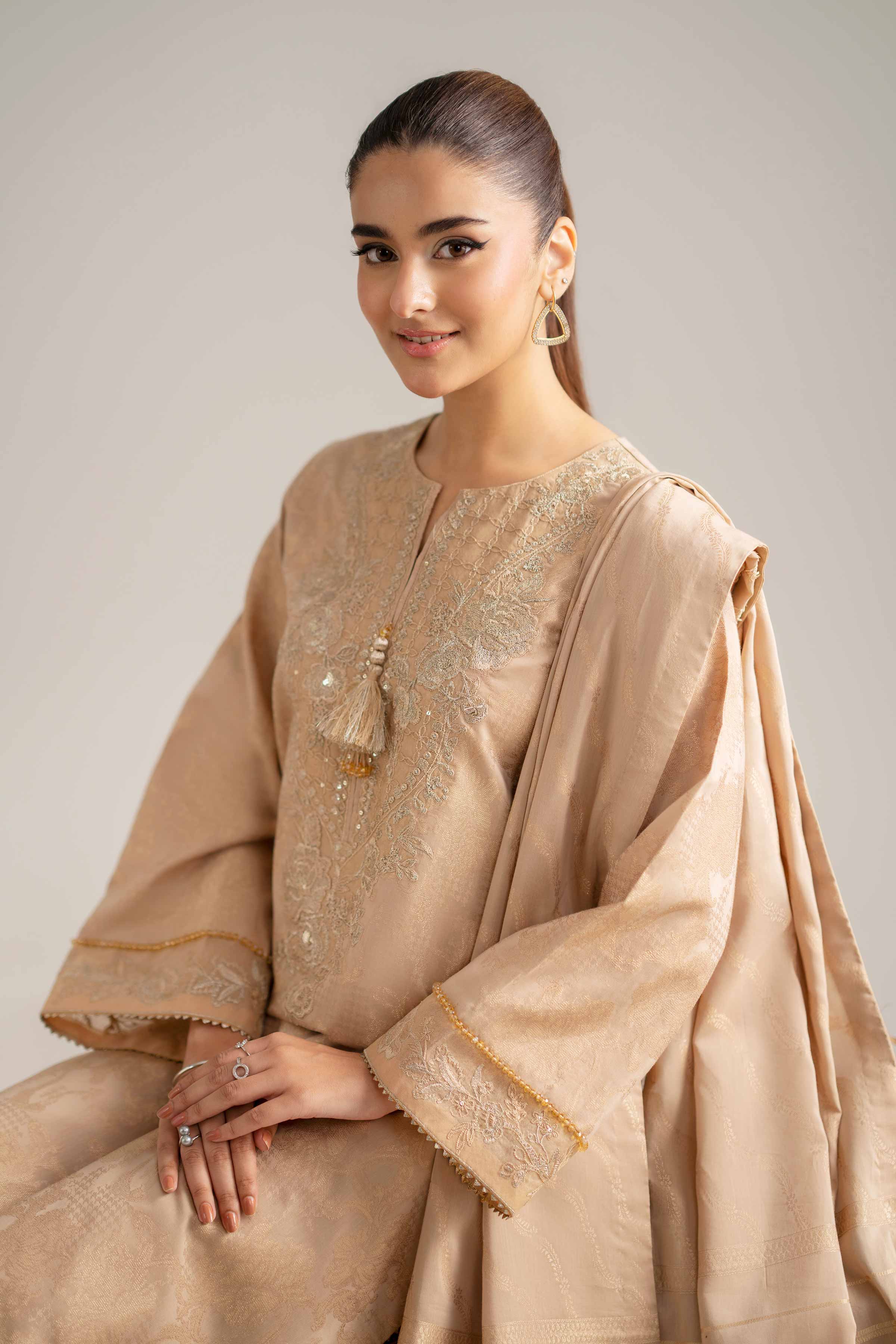 3 Piece - Embroidered Suit - 42503598 Unstitched Beige Jacquard 3PC Embroidered