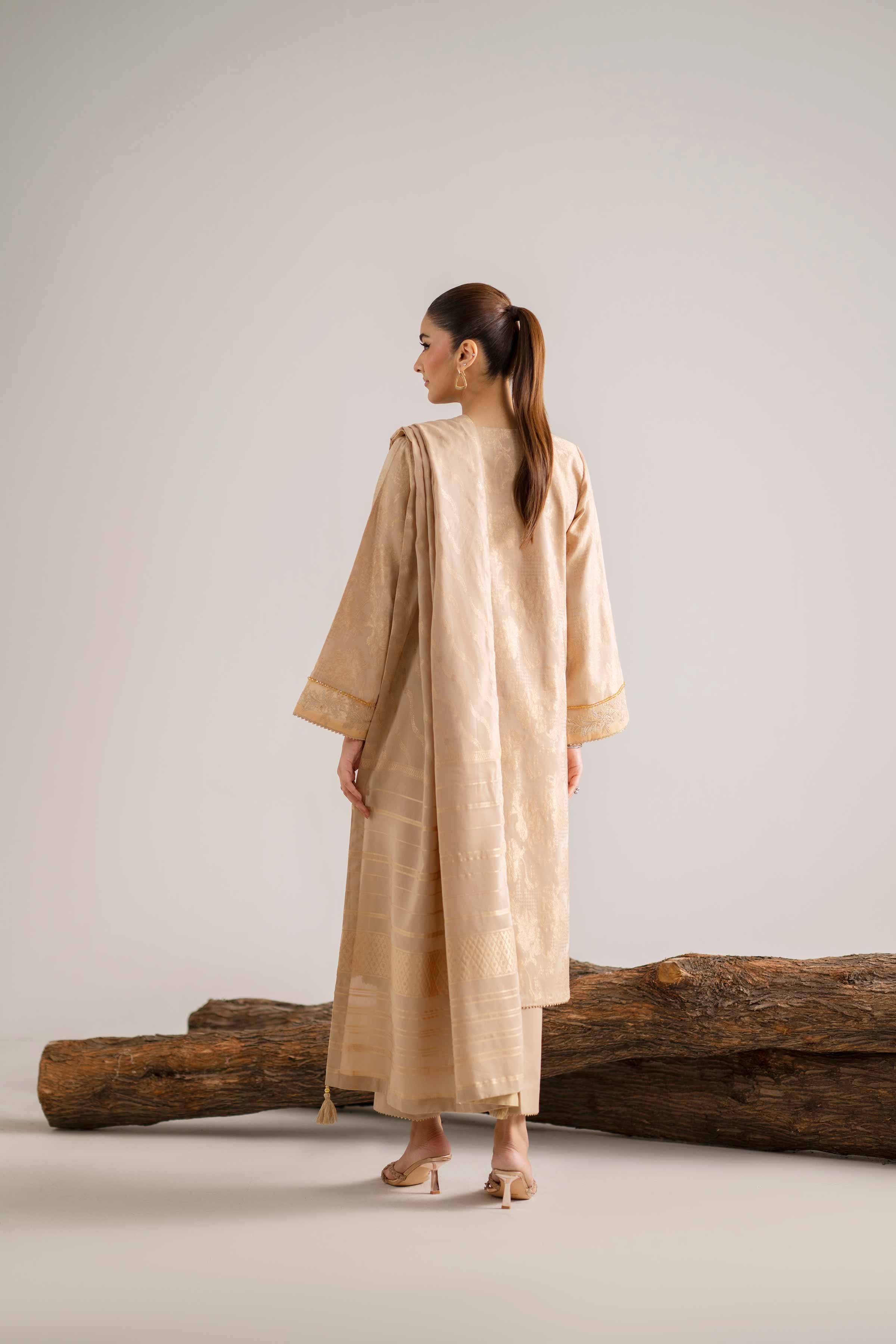 3 Piece - Embroidered Suit - 42503598 Unstitched Beige Jacquard 3PC Embroidered