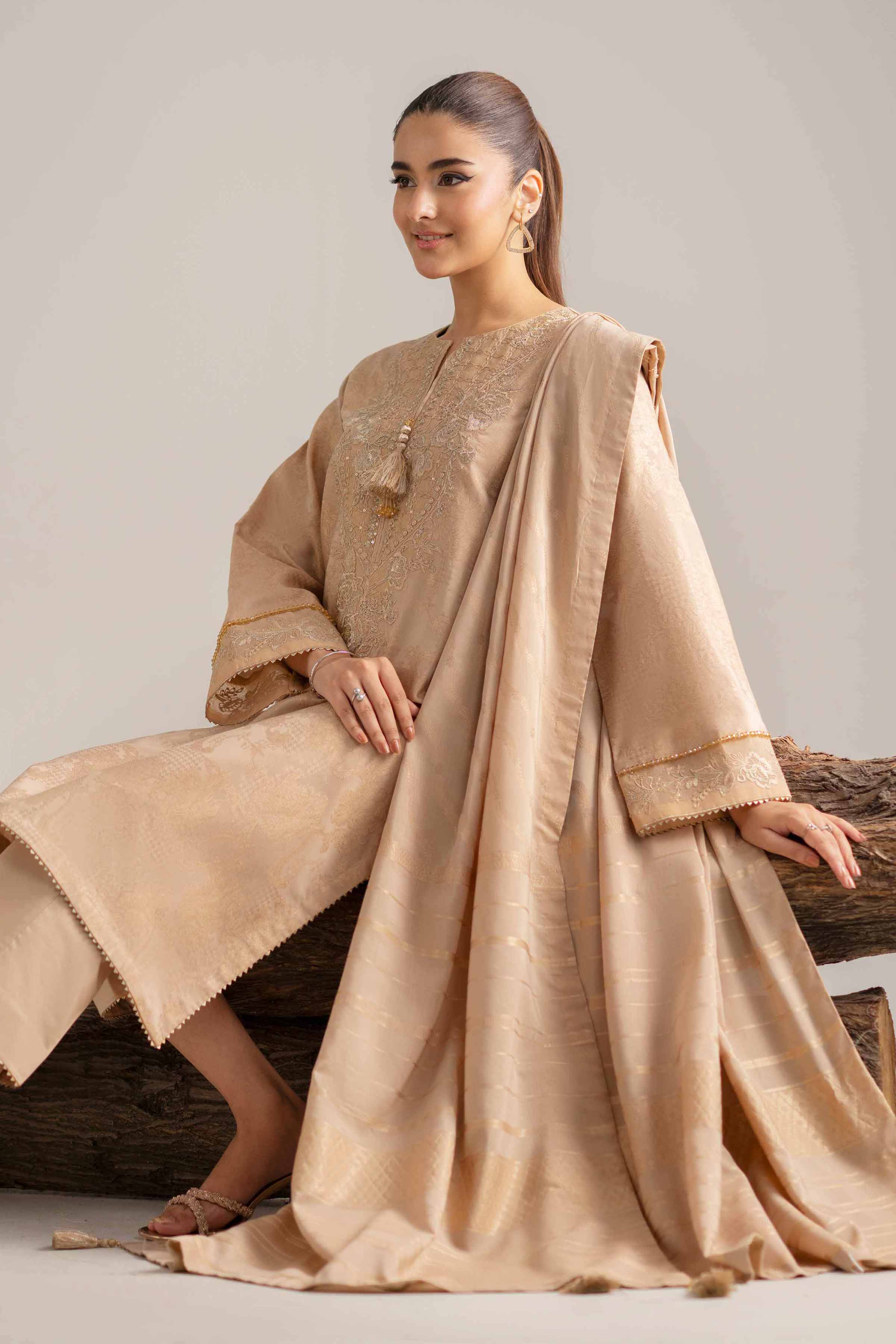 3 Piece - Embroidered Suit - 42503598 Unstitched Beige Jacquard 3PC Embroidered