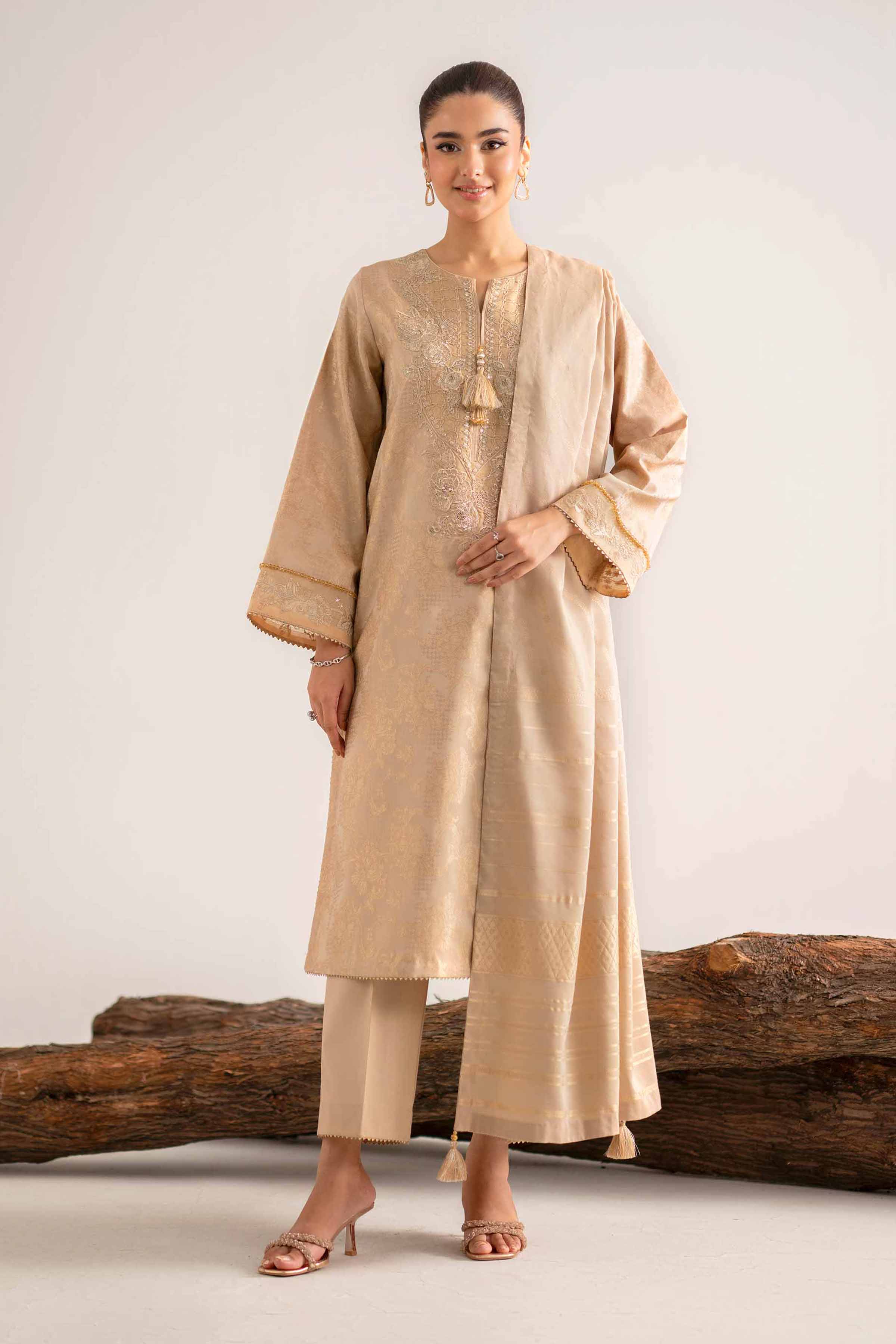 3 Piece - Embroidered Suit - 42503598 Unstitched Beige Jacquard 3PC Embroidered