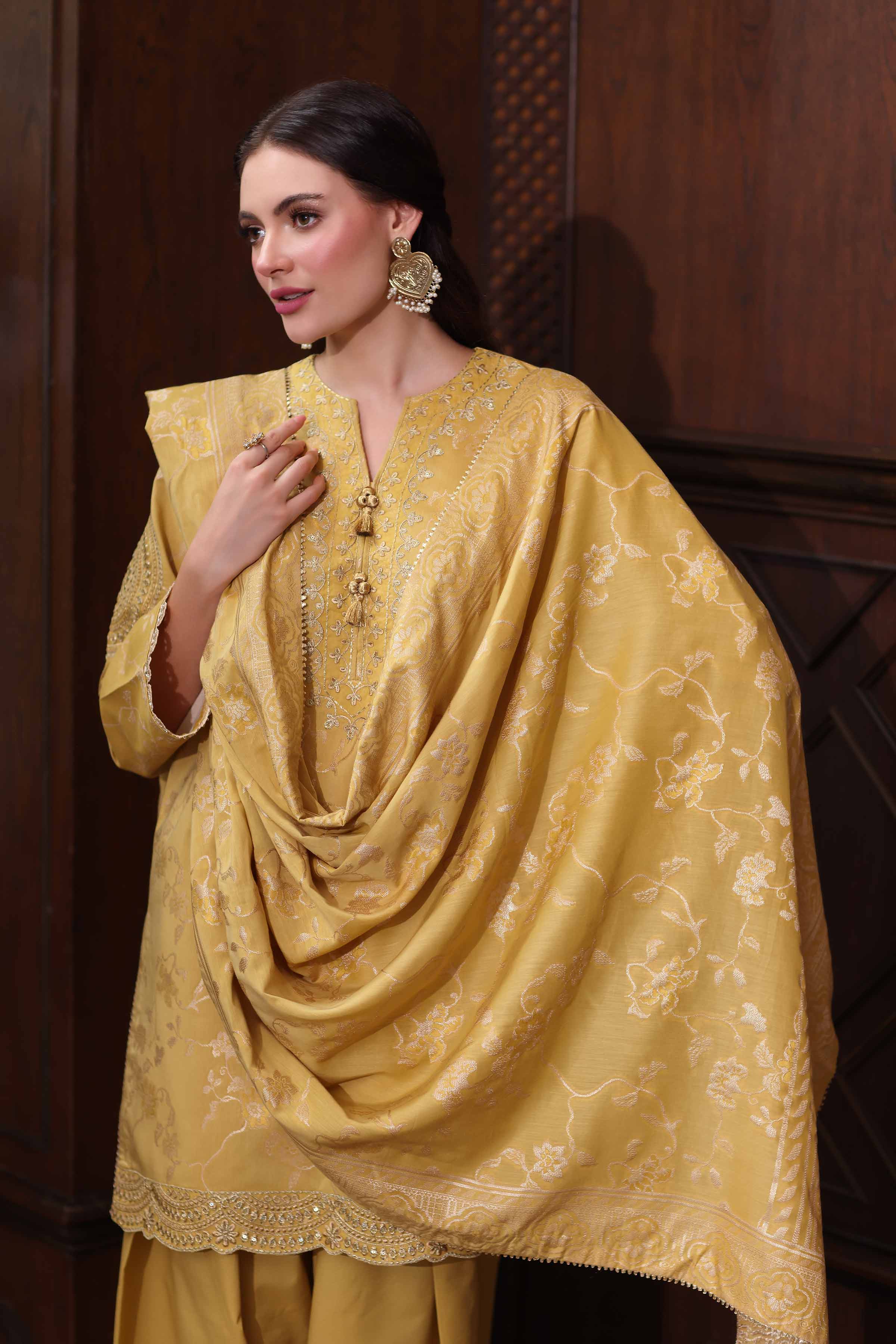 3 Piece - Embroidered Suit - 42503599 Unstitched Yellow Jacquard 3PC Embroidered