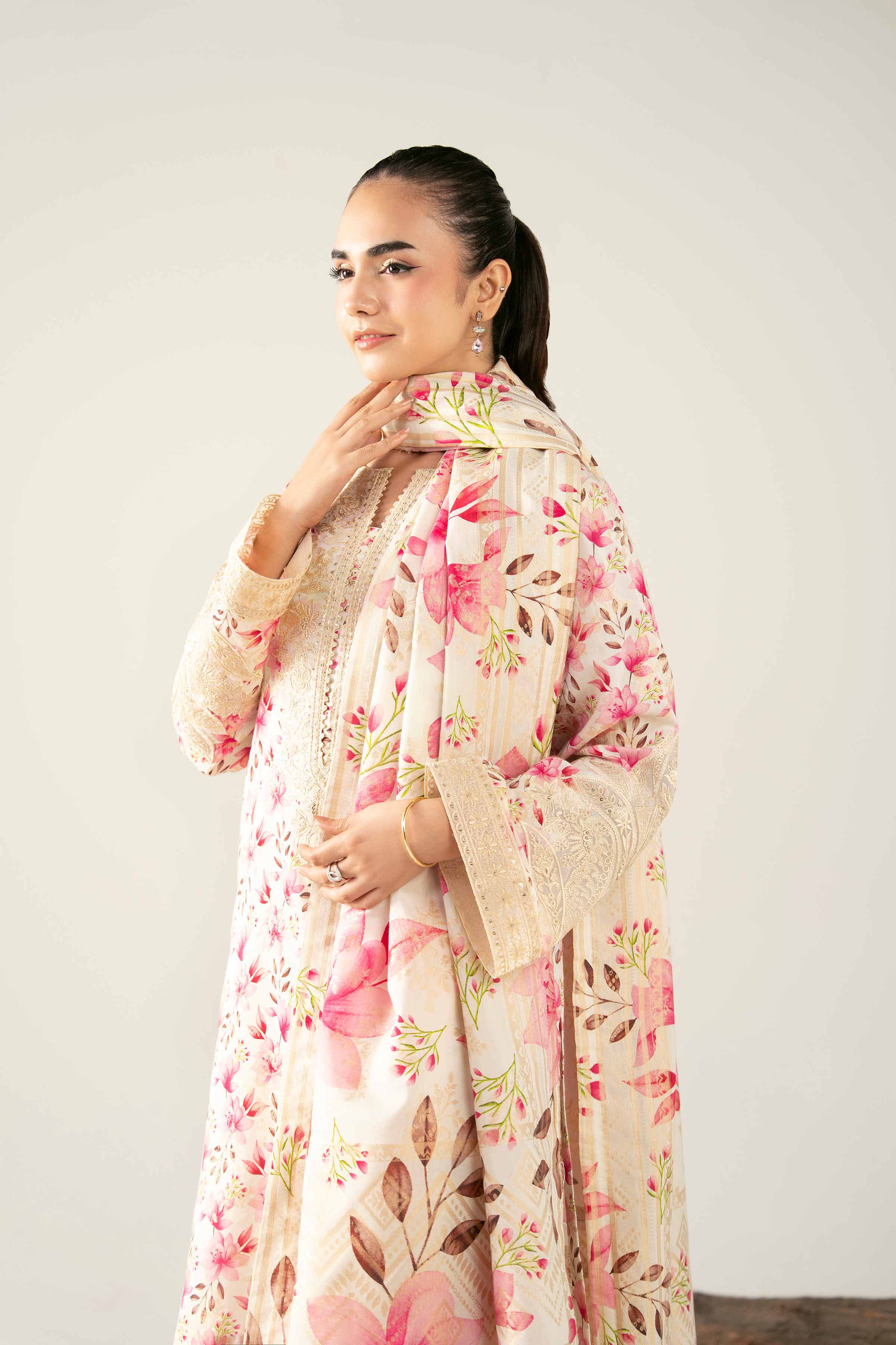 3 Piece - Digital Printed Embroidered Suit - 42503601 Unstitched Beige Jacquard 3PC Embroidered