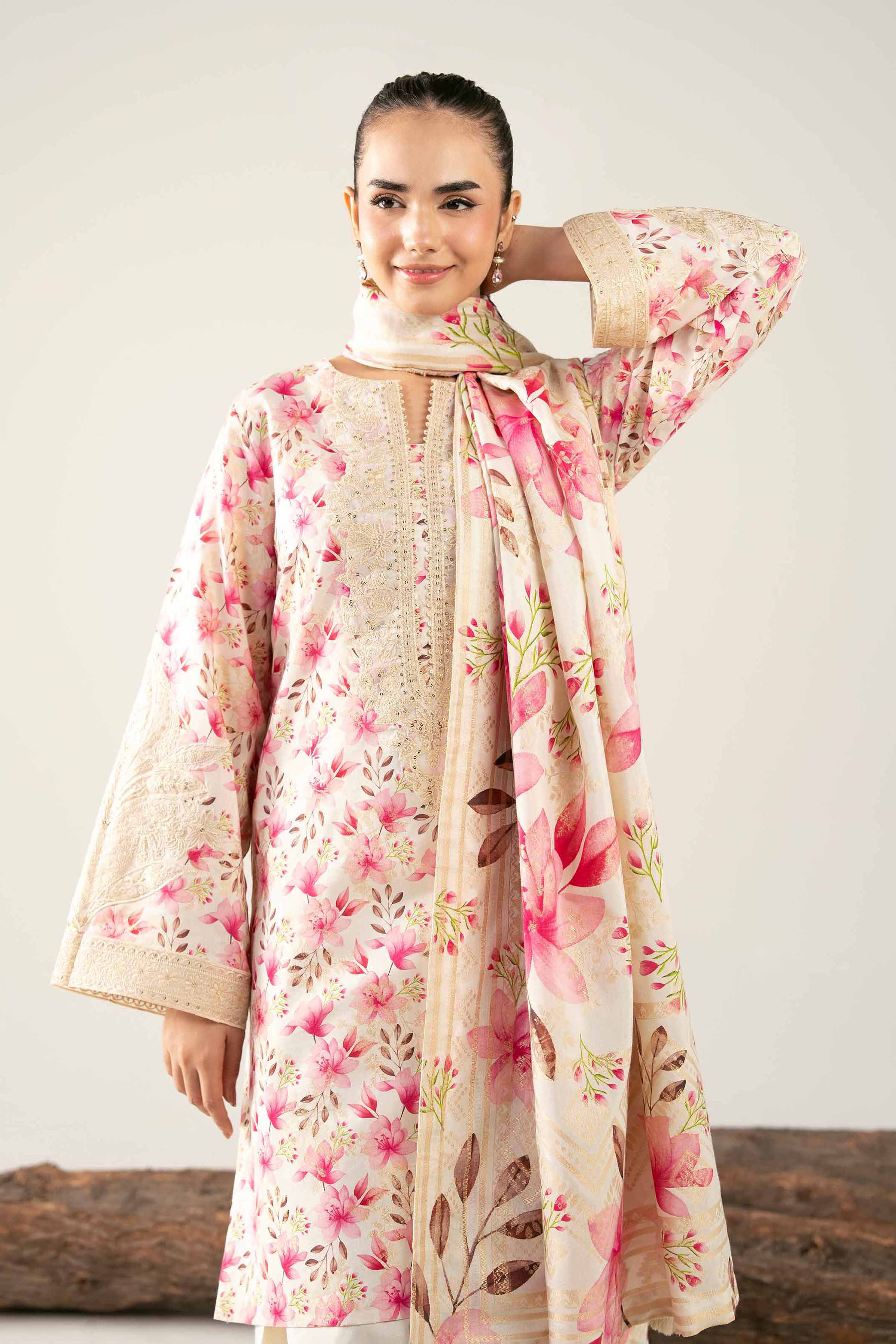 3 Piece - Digital Printed Embroidered Suit - 42503601 Unstitched Beige Jacquard 3PC Embroidered