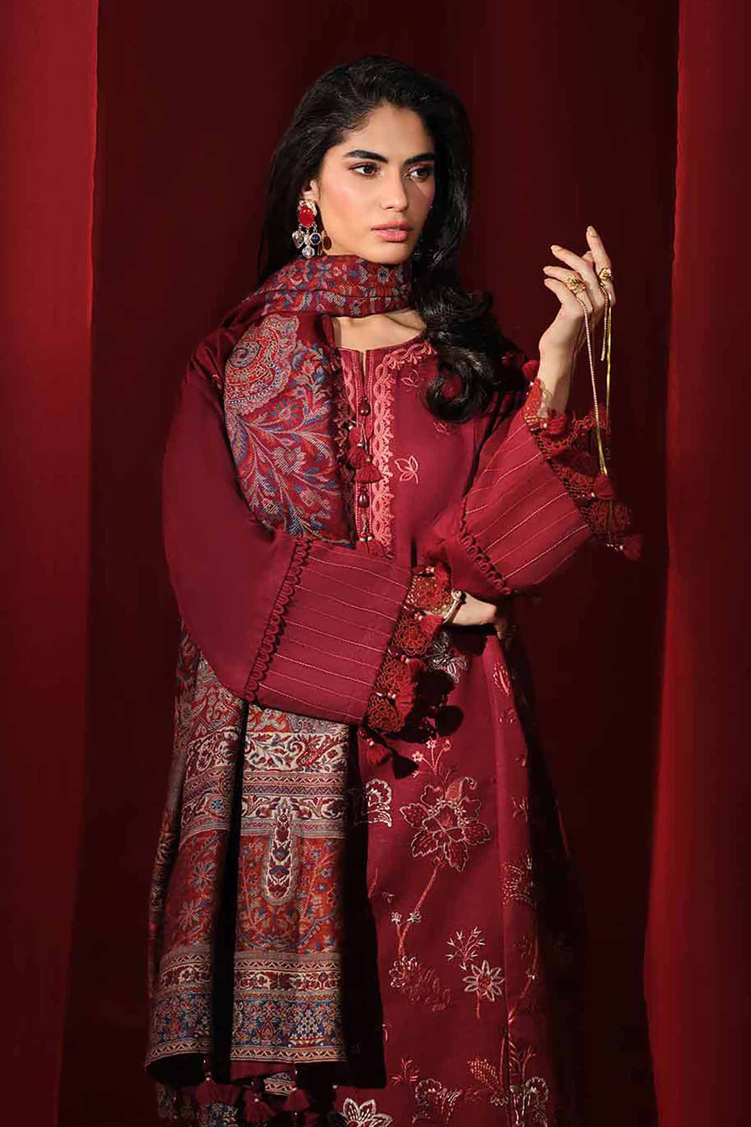 3 Piece - Embroidered Suit - 42503606 Unstitched Maroon Karandi 3PC Embroidered