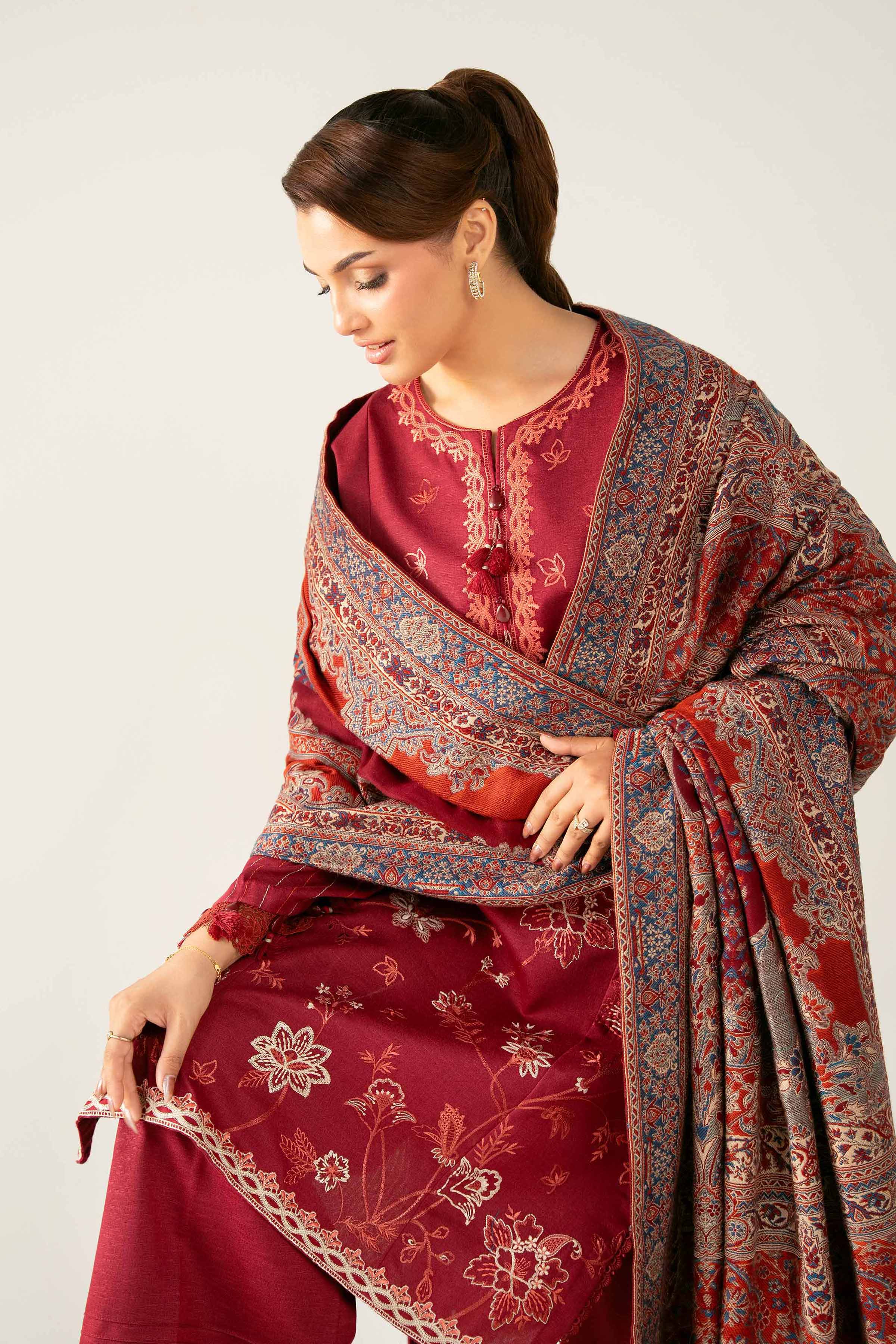 3 Piece - Embroidered Suit - 42503606 Unstitched Maroon Karandi 3PC Embroidered