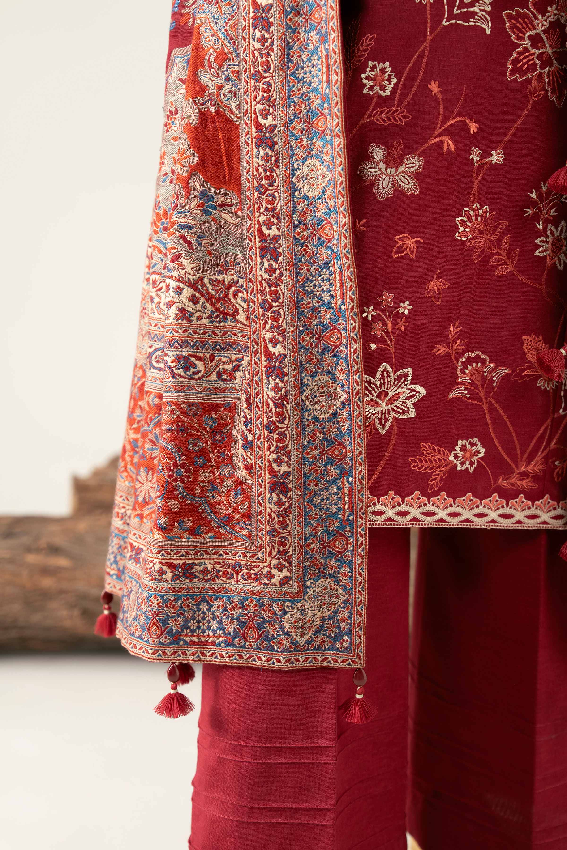 3 Piece - Embroidered Suit - 42503606 Unstitched Maroon Karandi 3PC Embroidered