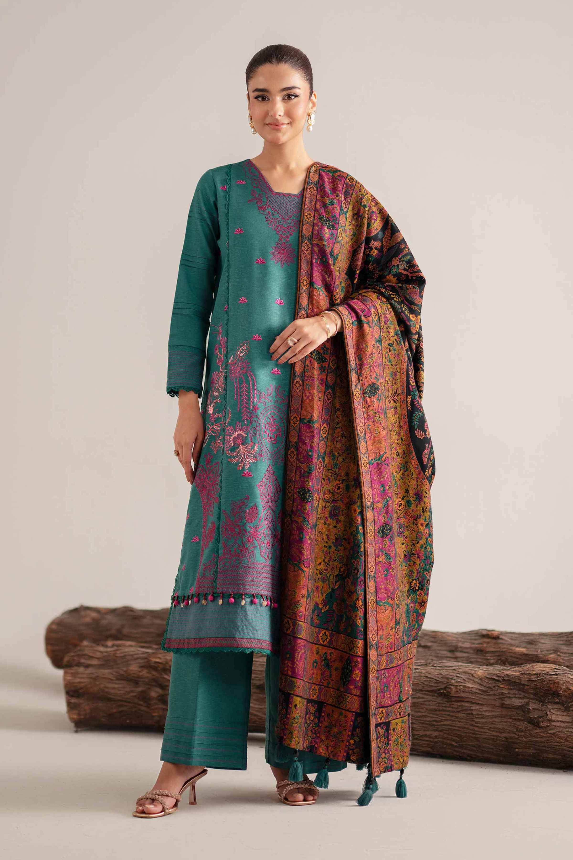 3 Piece - Embroidered Suit - 42503607 Unstitched Green Karandi 3PC Embroidered