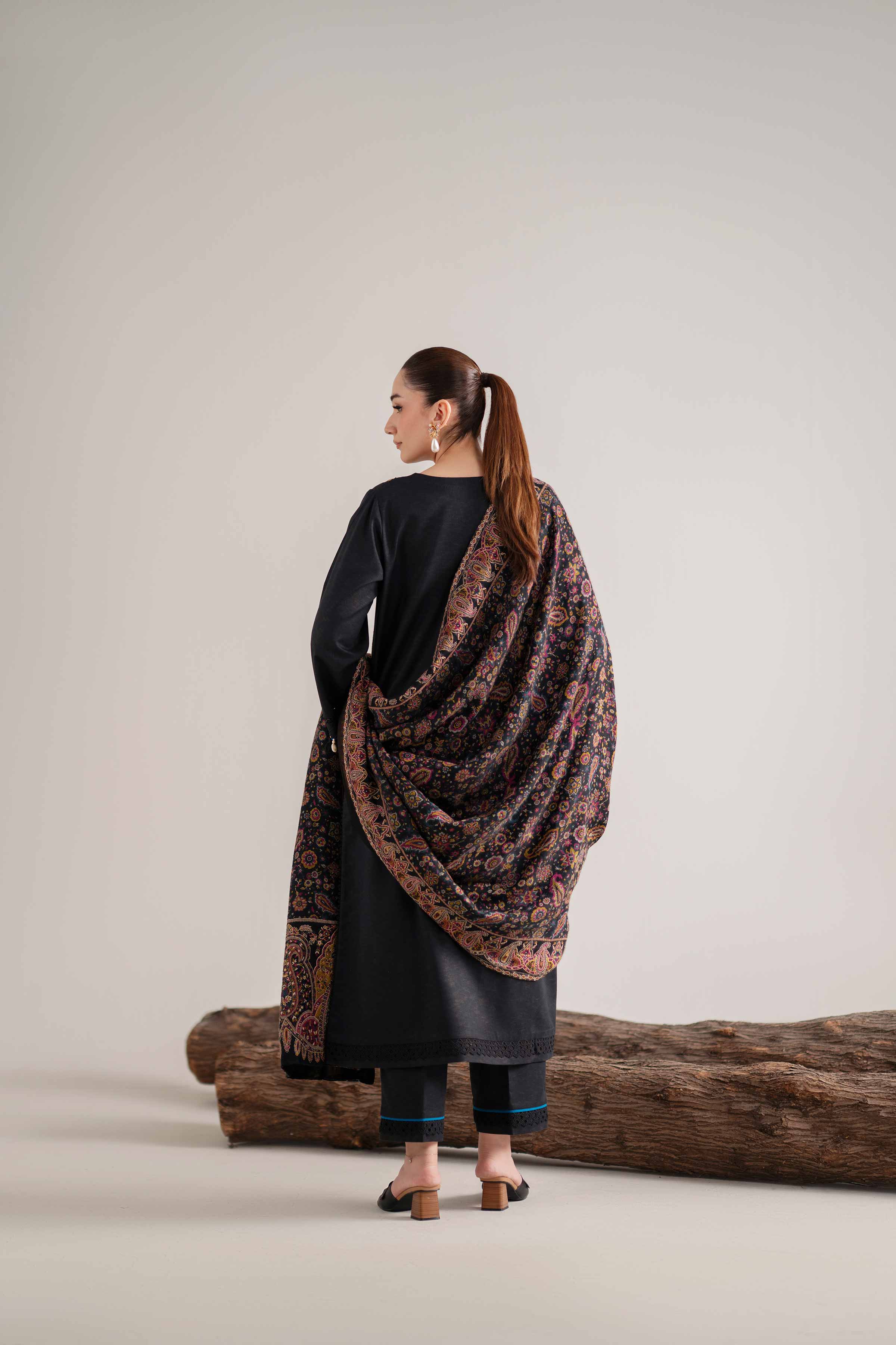 3 Piece - Embroidered Suit - 42503609 Unstitched Black Karandi 3PC Embroidered