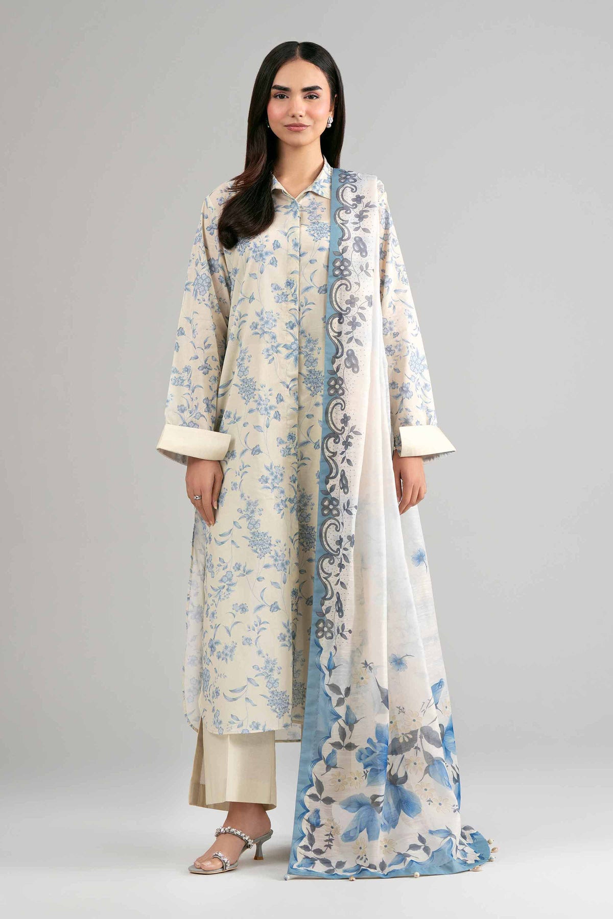 3 Piece - Digital Printed Suit - 42601498 Beige Lawn 3PC Printed Nishat Australia