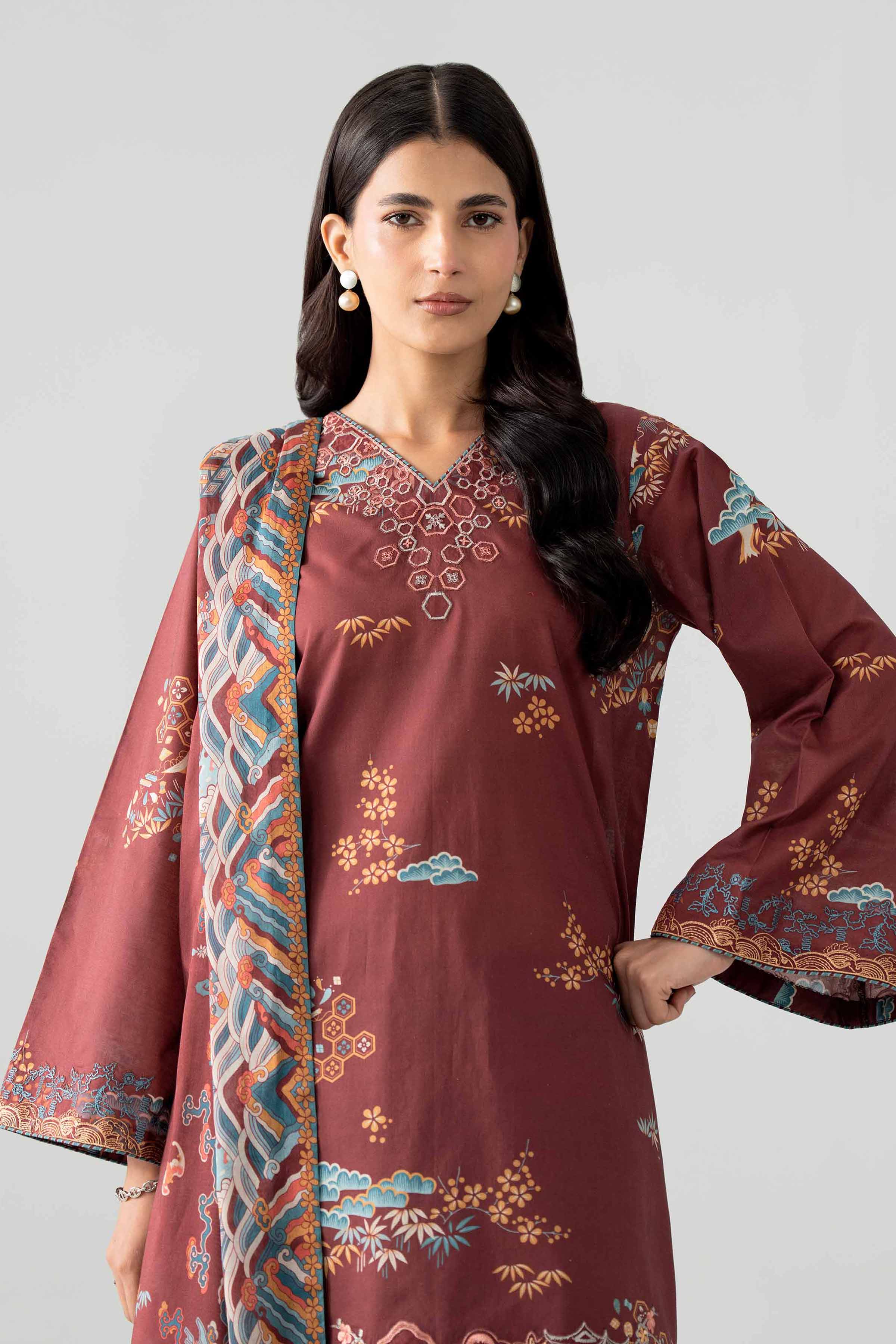 3 Piece - Printed Embroidered Suit - 42602023 Maroon Lawn 3PC Embroidered Nishat Australia