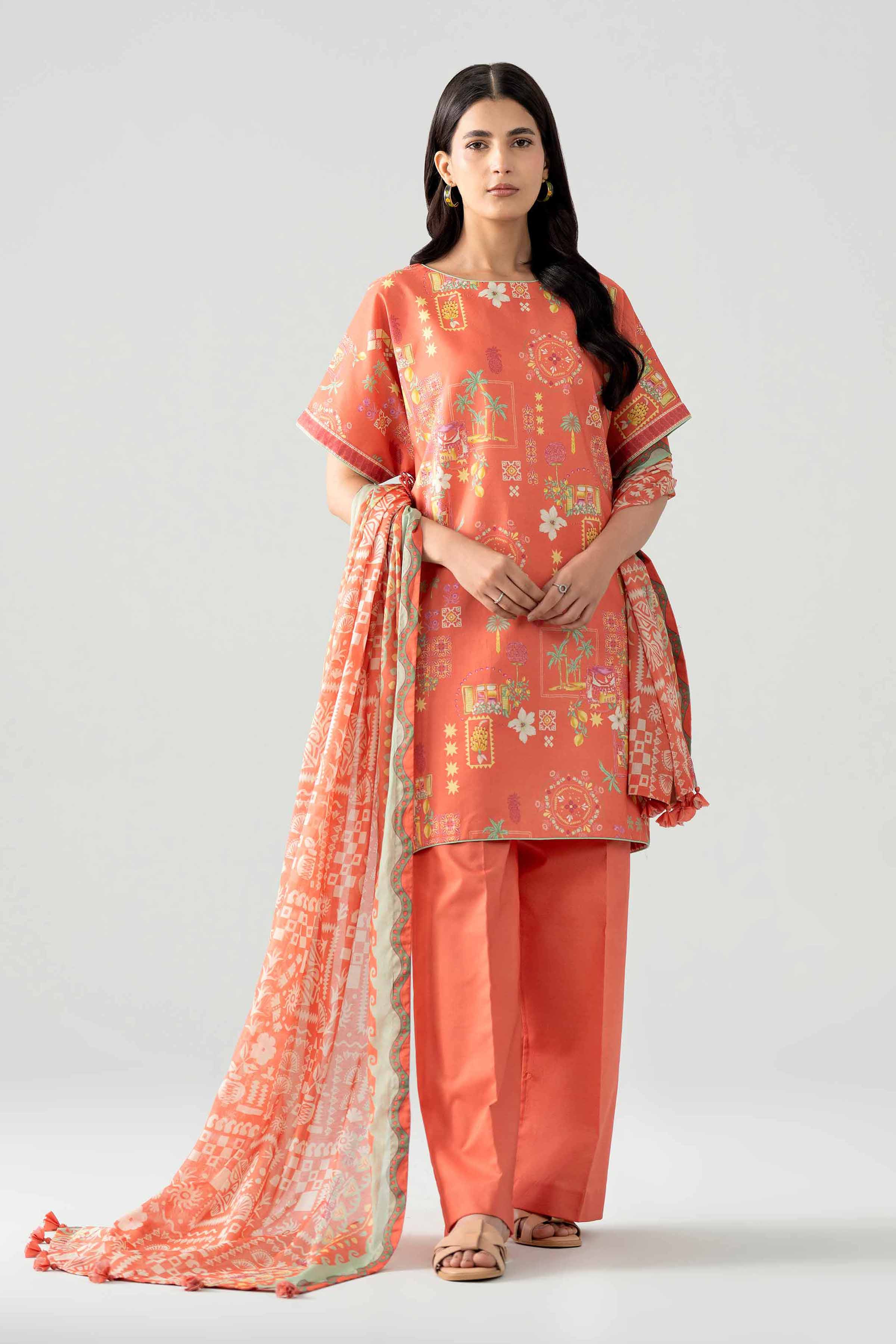 3 Piece - Printed Suit - 42602028 Orange Lawn 3PC Printed Nishat Australia